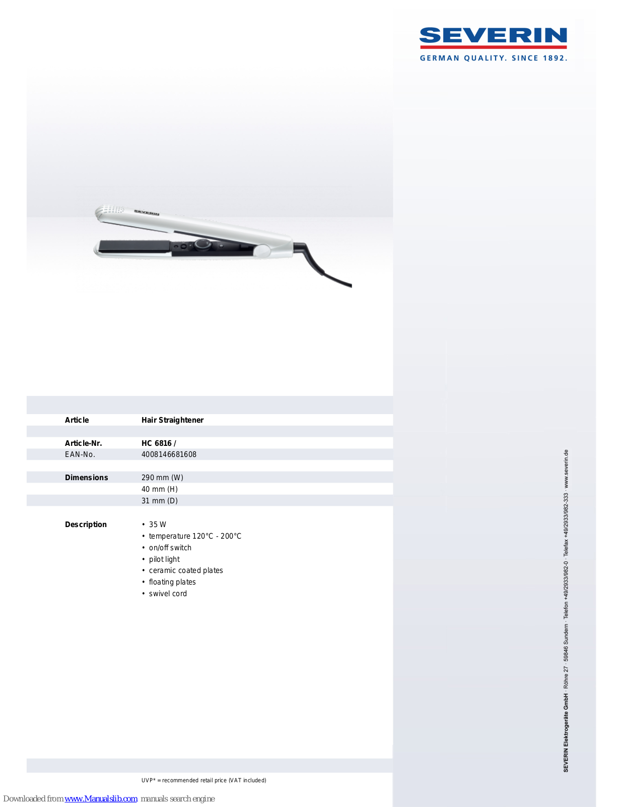 SEVERIN HAIR STRAIGHTENER - DATASHEET 2, HC 6816 Dimensions