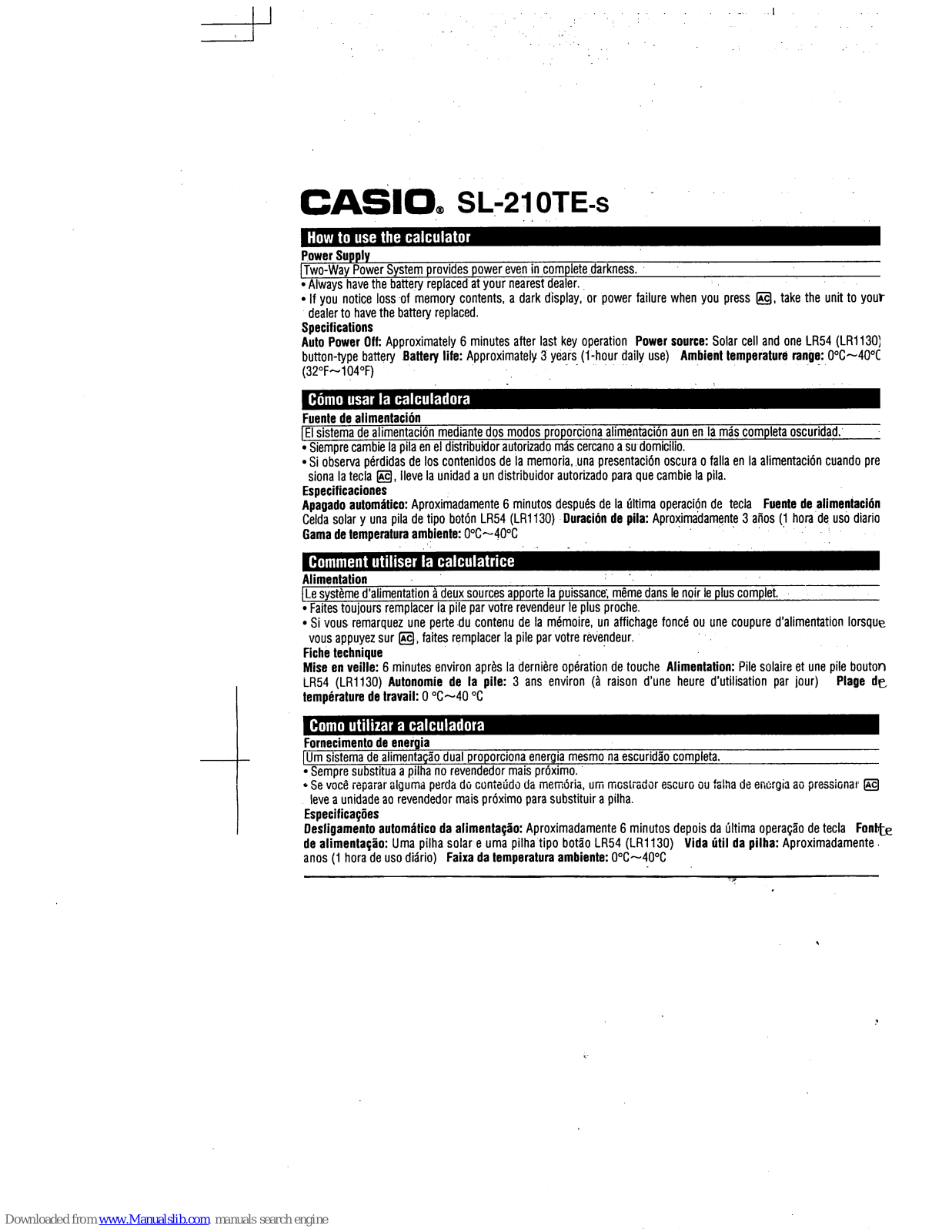 Casio SL-210TE-S User Manual