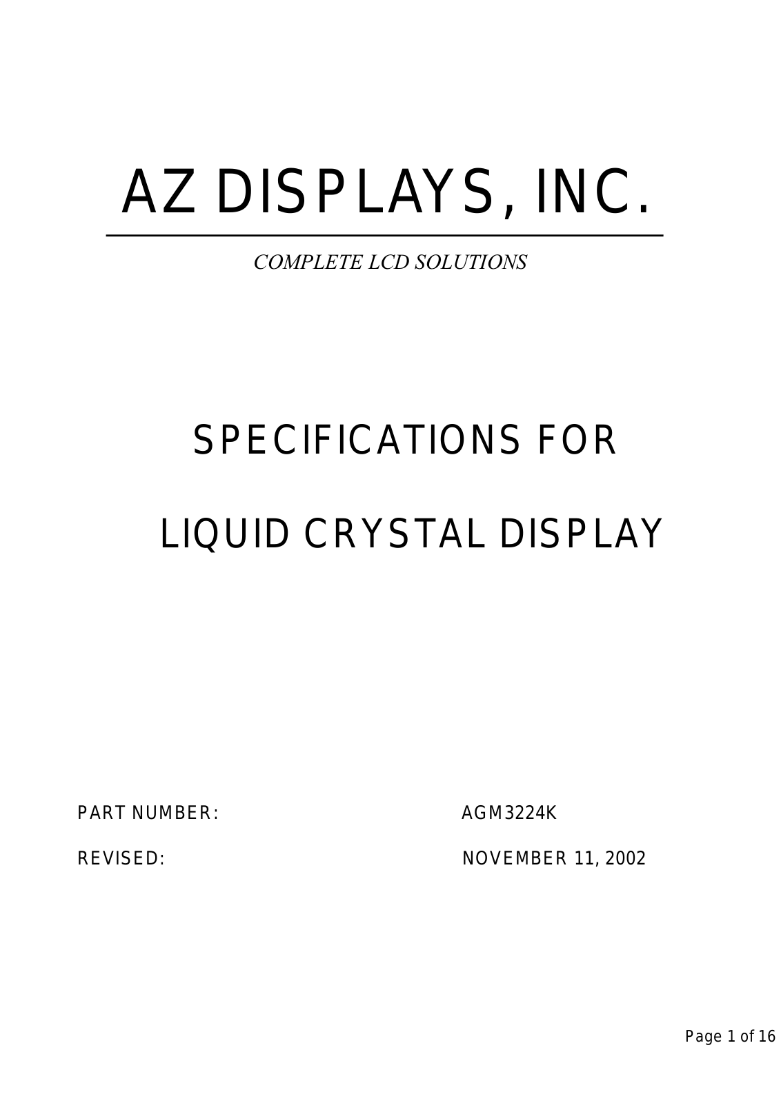 AZDIS AGM3224K-FN-FLW-T, AGM3224K-FN-FLH-T Datasheet