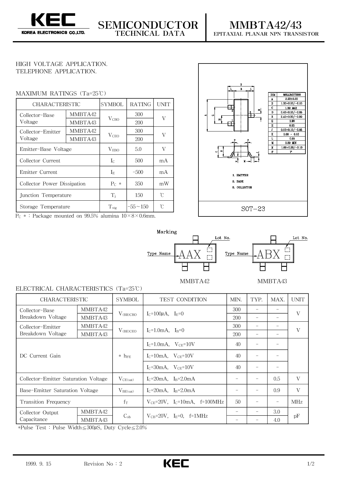 KEC MMBTA43, MMBTA42 Datasheet