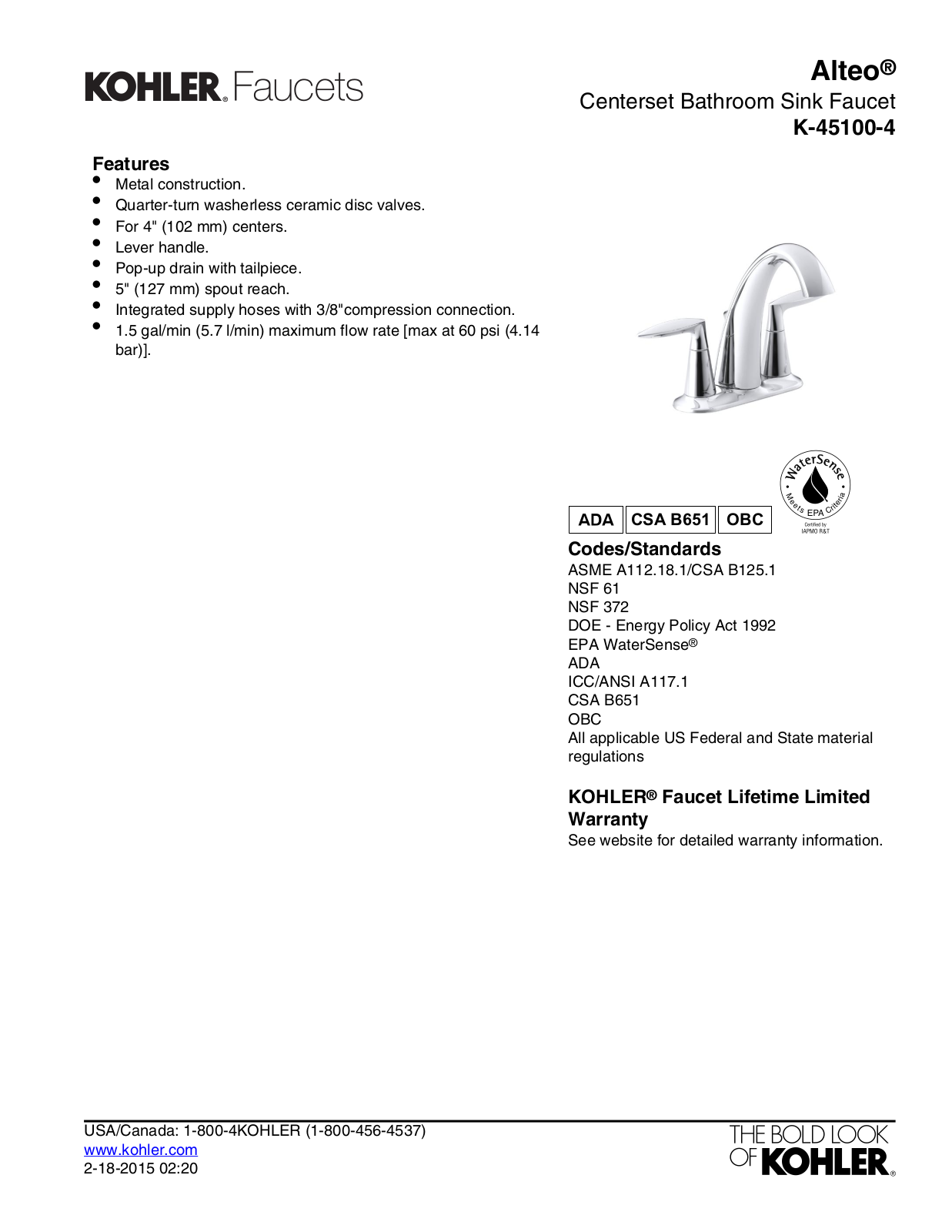 Kohler KOH15033 Specifications - ManualMachine.com