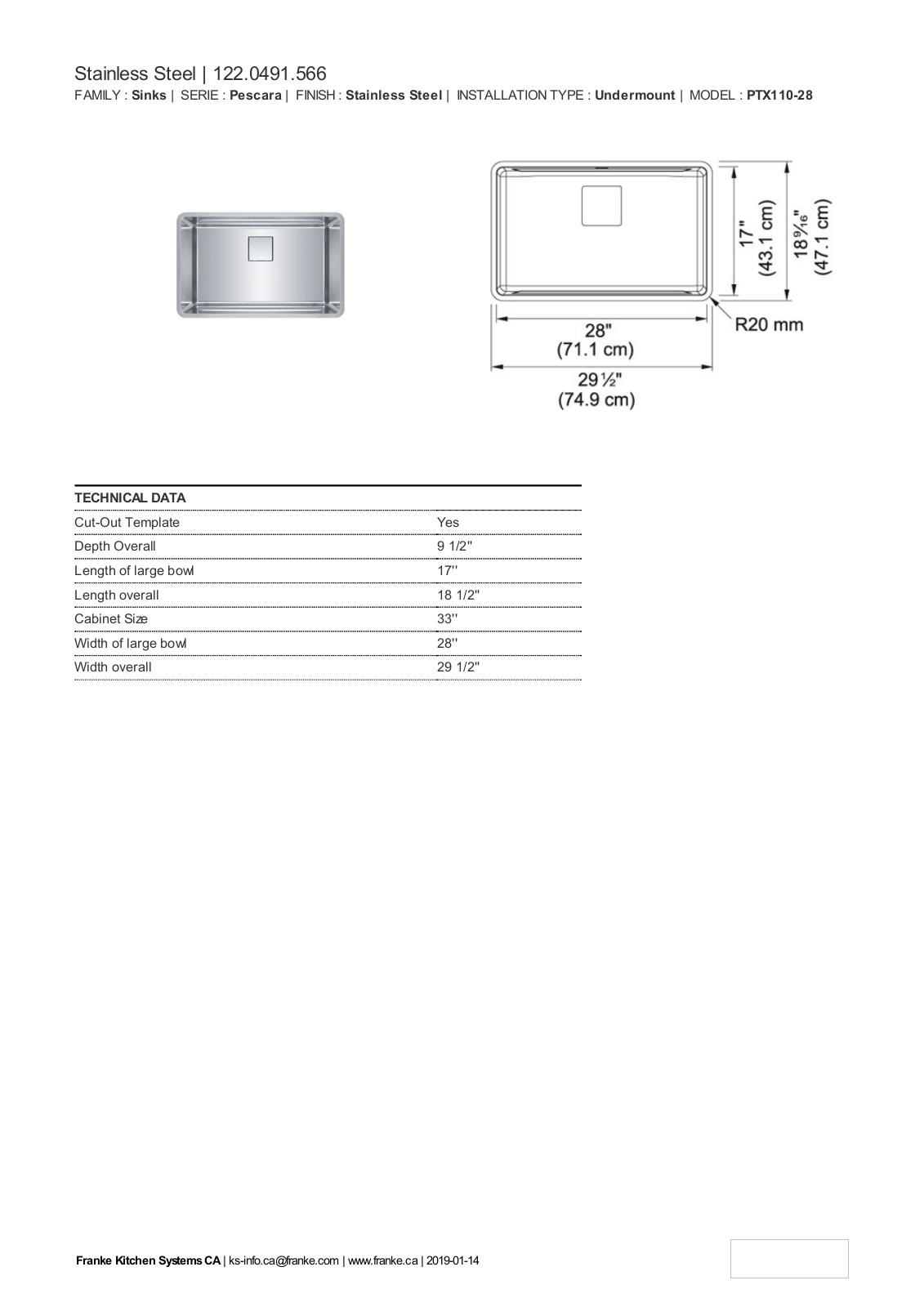 Franke PTX110-28 Fact Sheet