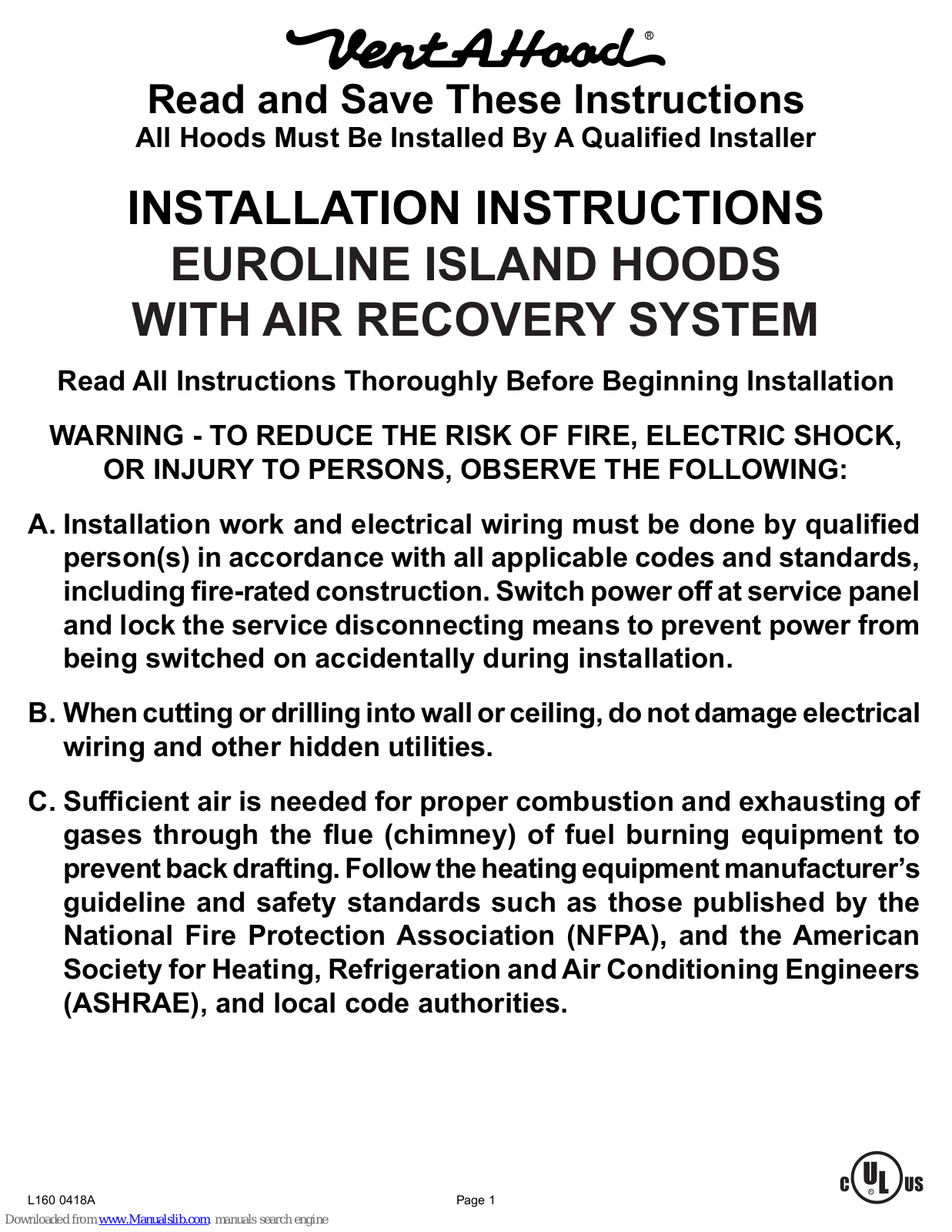 Vent-a-Hood K250 ARS Installation Instructions Manual