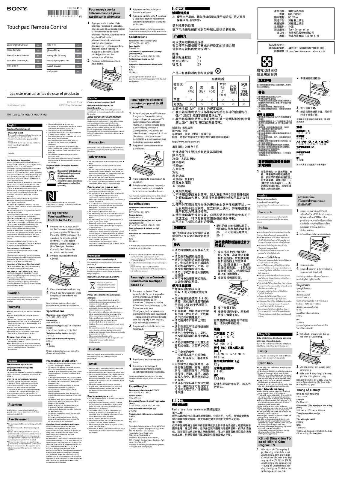 Sony RMF-TX100U Operating Instructions