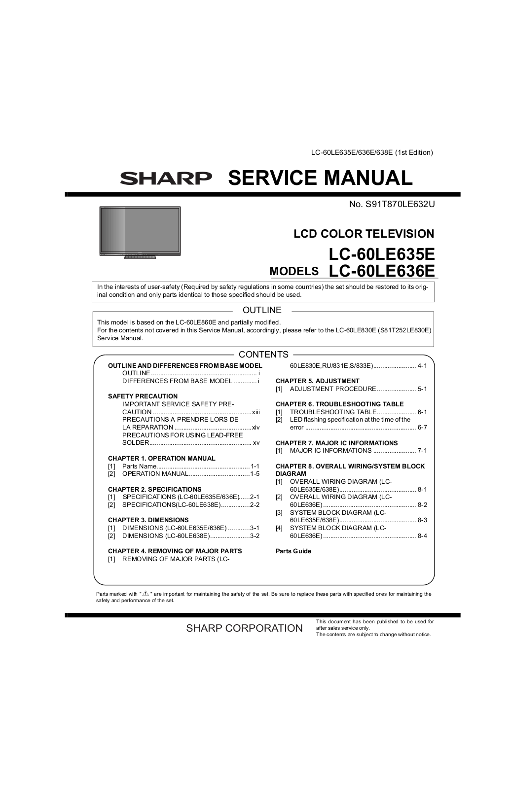 SHARP LC-60LE635E, LC-60LE636E Service Manual