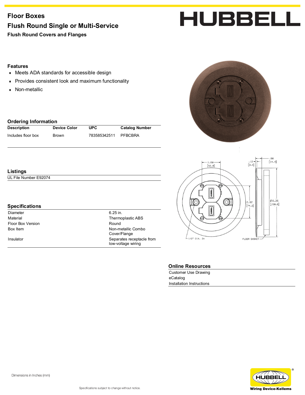 Hubbell PFBCBRA Specifications