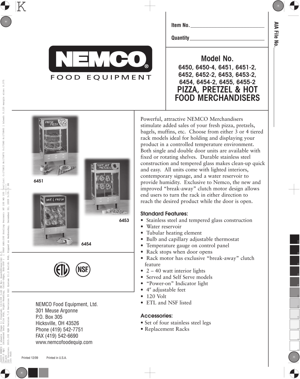 Nemco 6454, 6455, 64552, 6450, 64504 Specifications