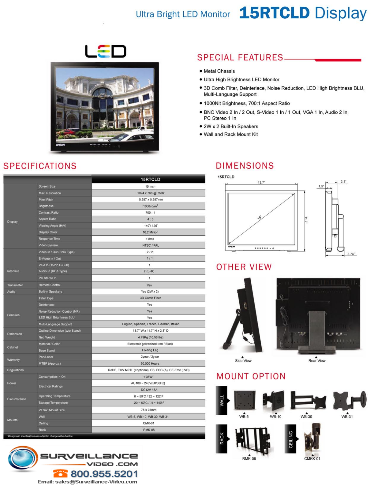 Orion 15RTCLDSR Specsheet