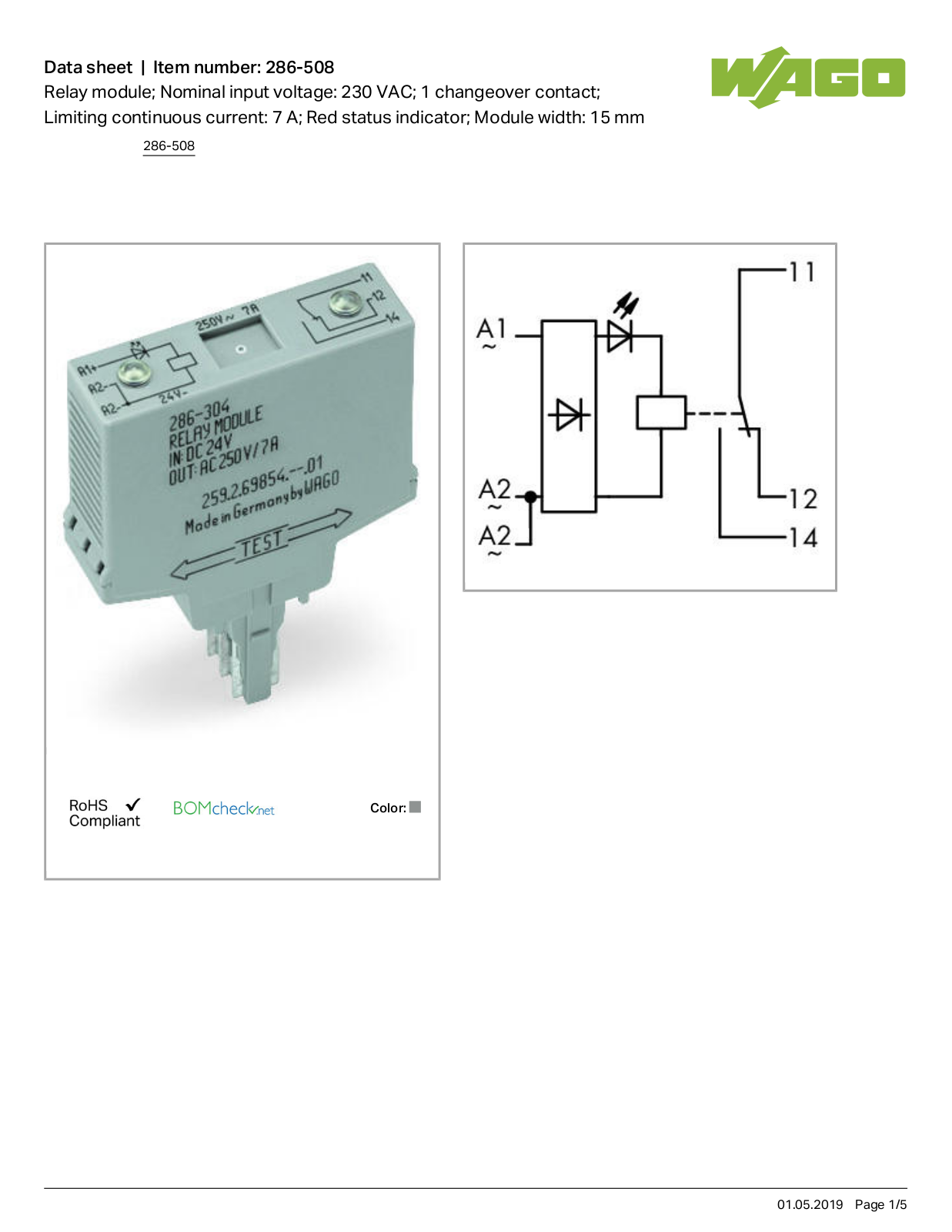 Wago 286-508 Data Sheet