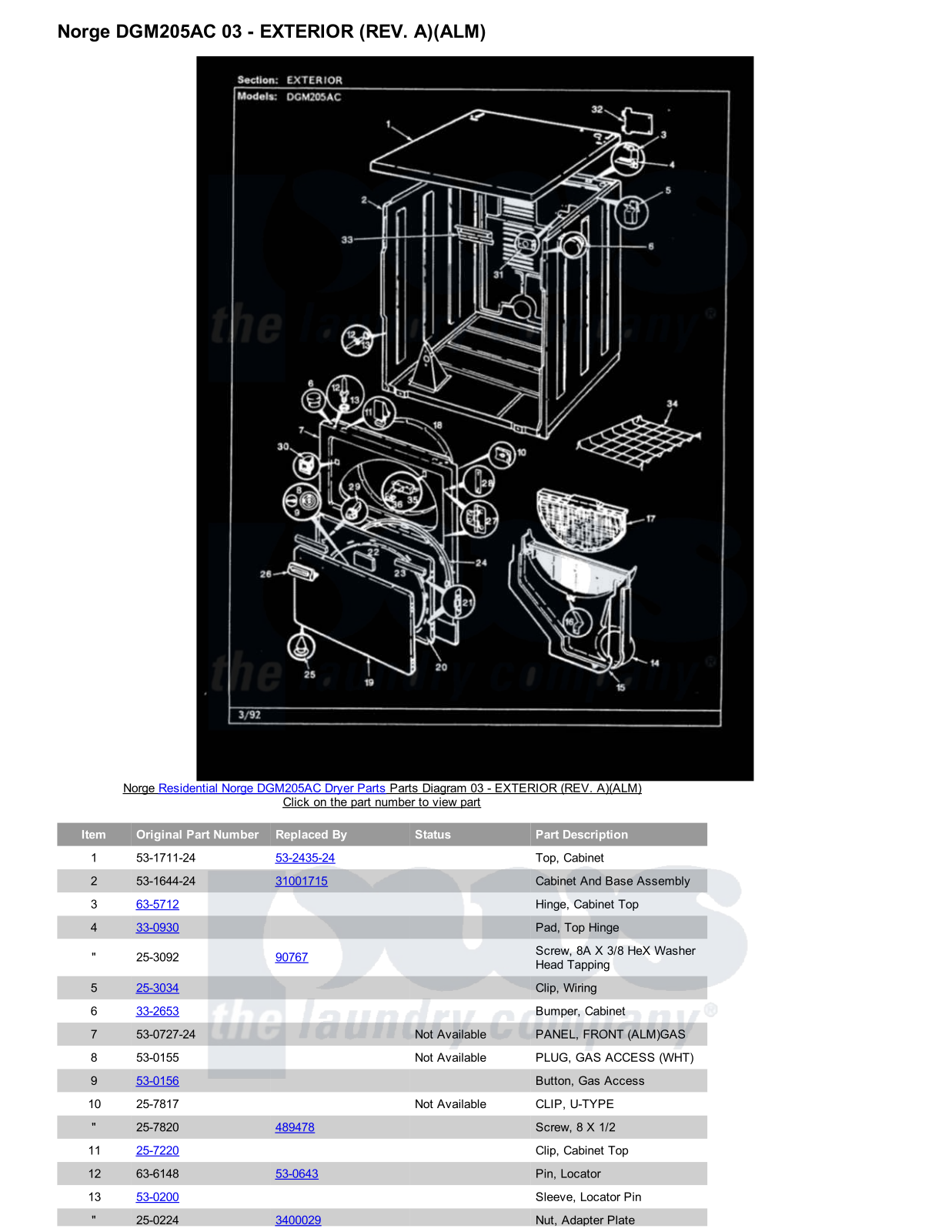 Norge DGM205AC Parts Diagram