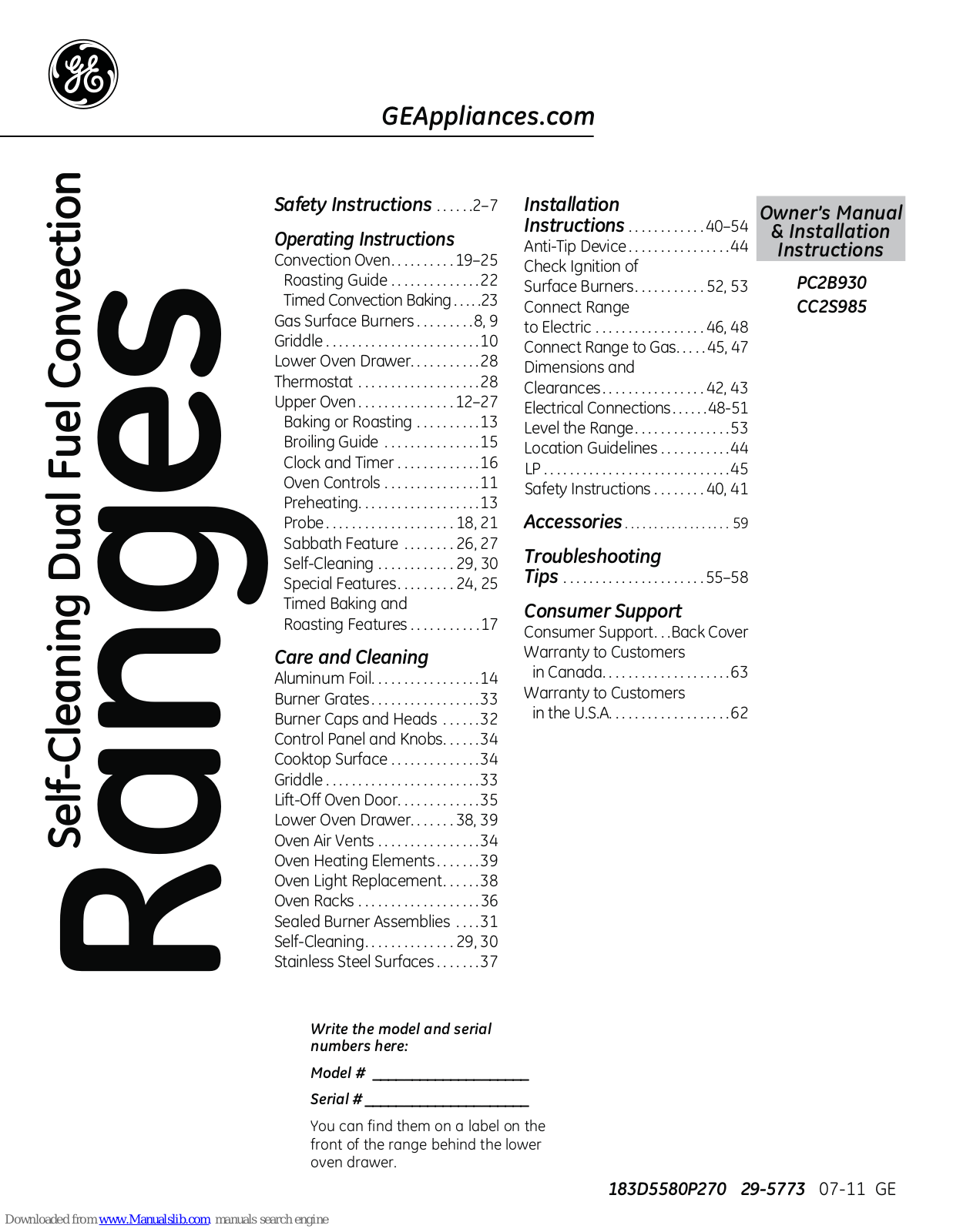 GE PC2B930, CC2S985 Owner's Manual & Installation Instructions