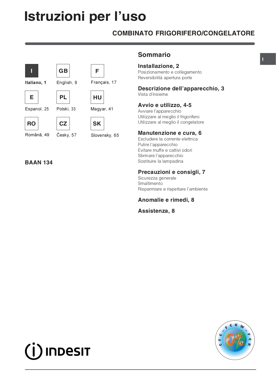 INDESIT BAAN134X, BAN134NF, BAAN 134 S User Manual