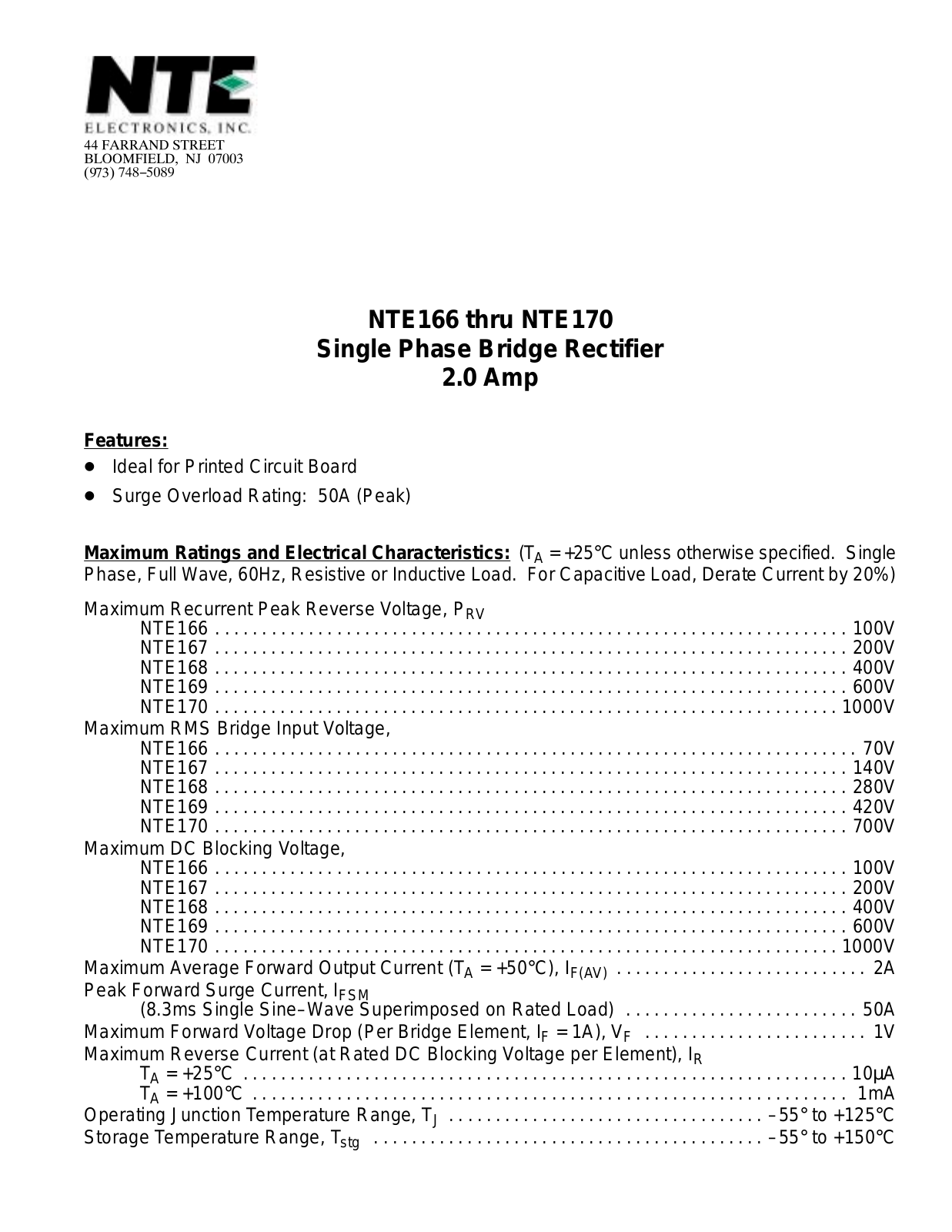 Datasheet NTE169, NTE168, NTE166, NTE170, NTE167 Datasheet (NTE) - ManualMachine.com