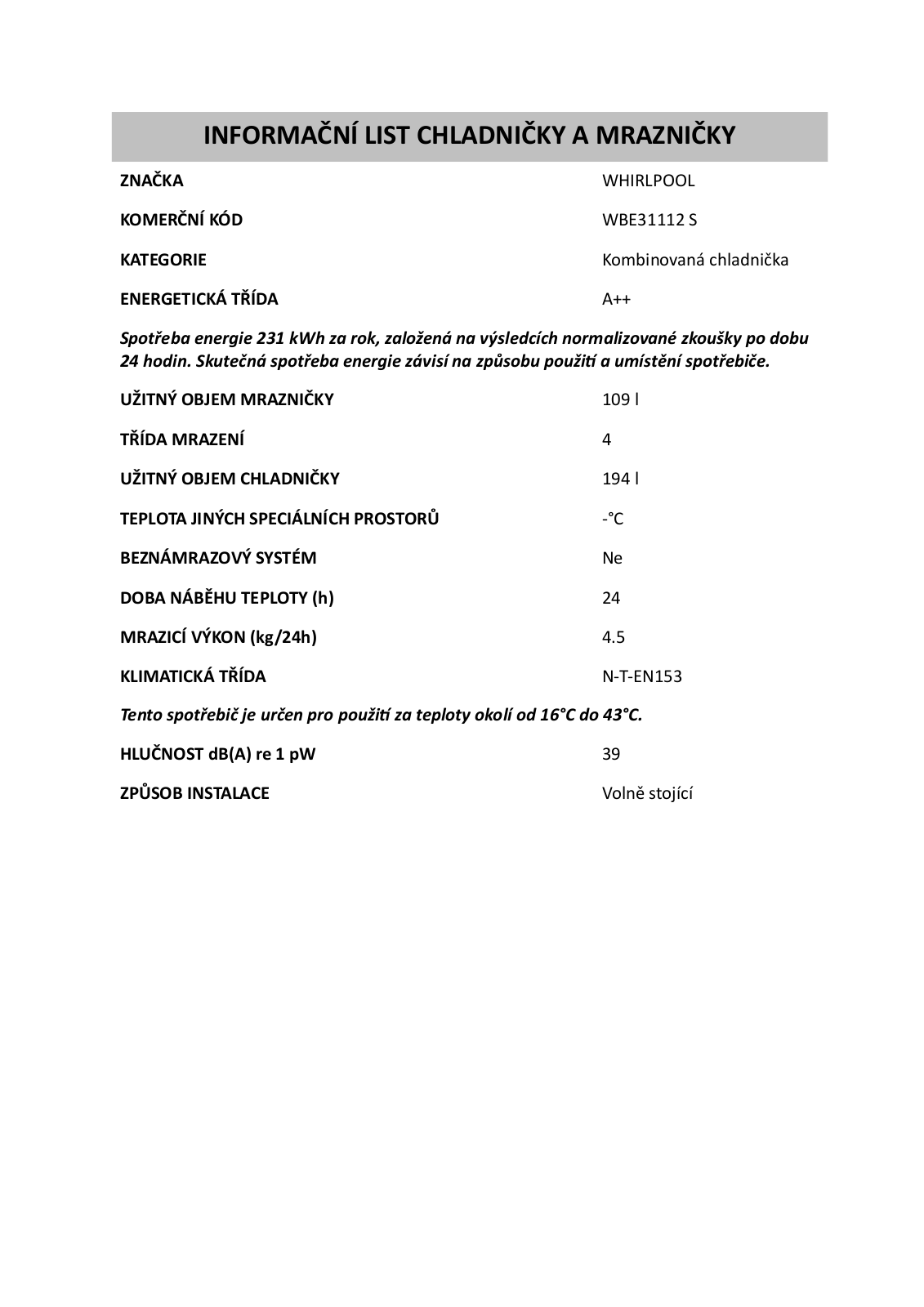 Whirlpool WBE31112 User Manual