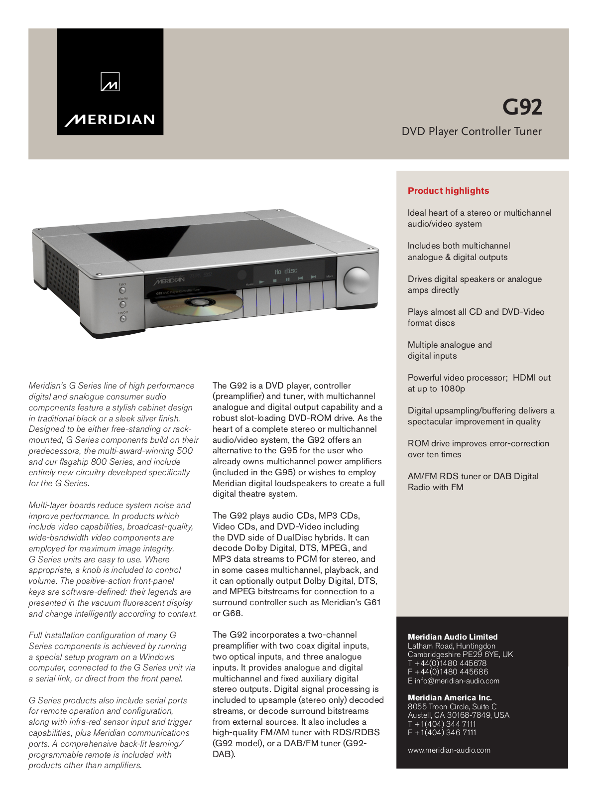 Meridian Audio G92 User Manual