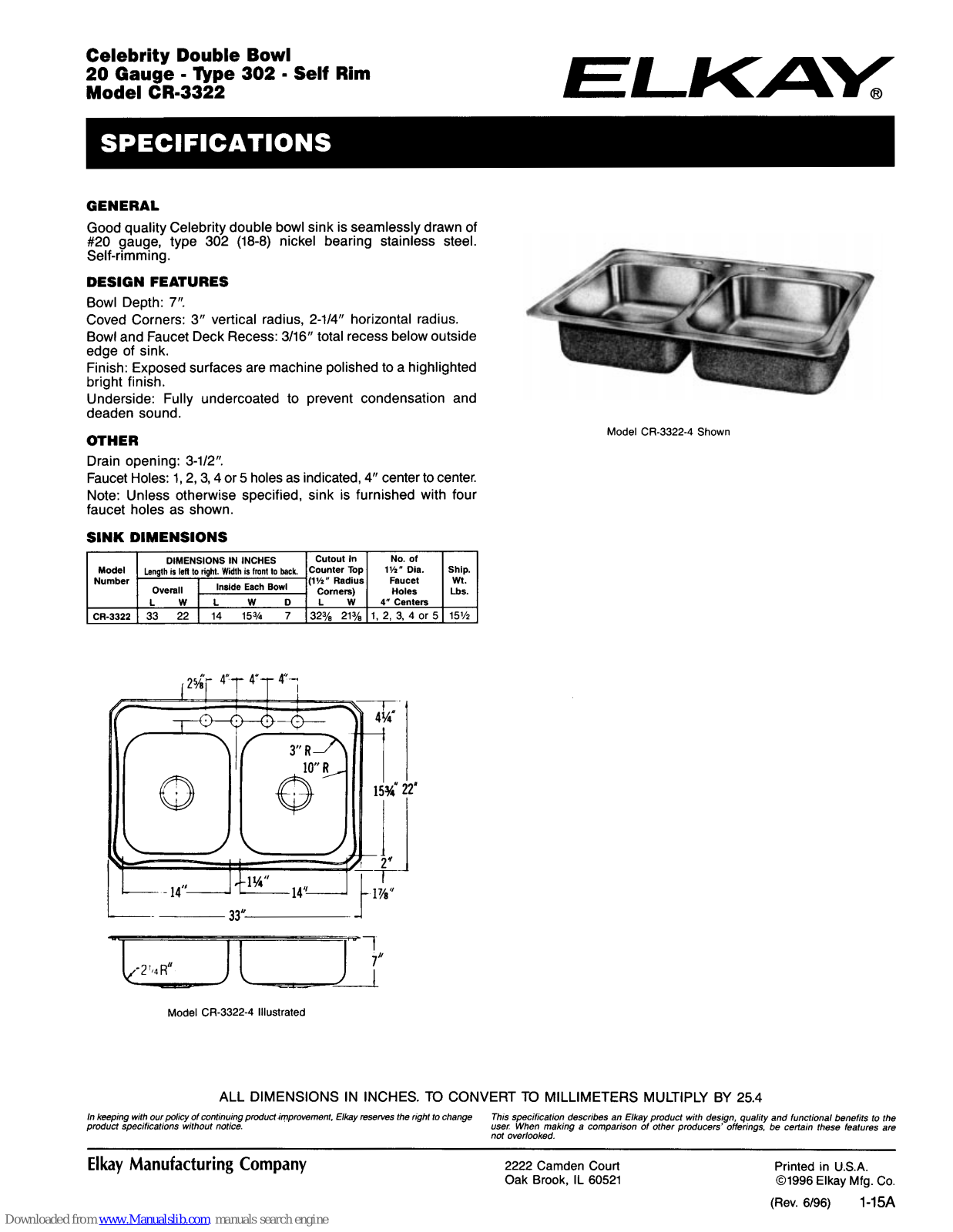 Elkay Celebrity CR-3322, Celebrity CR-3322-4 Specification Sheet