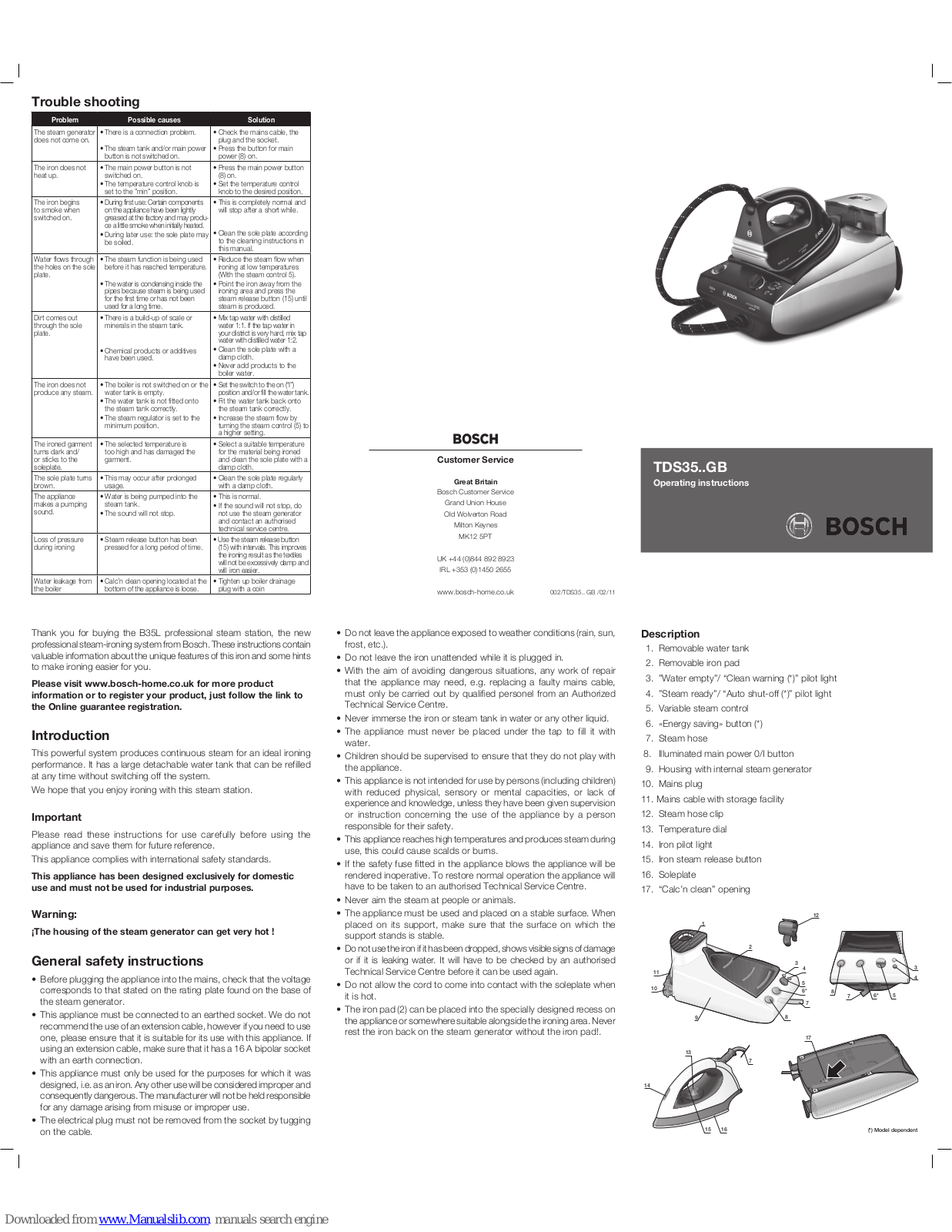 Bosch TDS3531GB, TDS3540GB Operating Instructions Manual