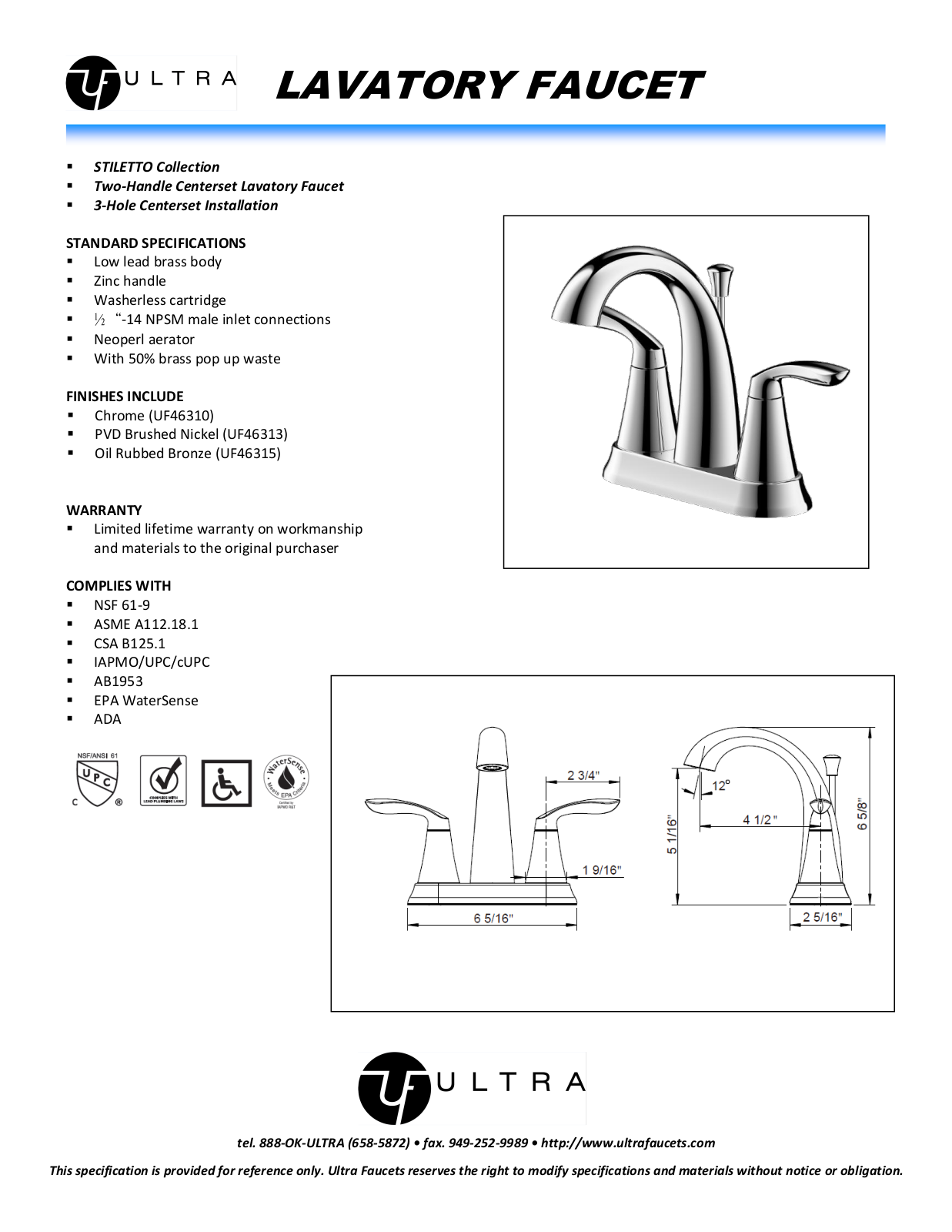 Ultra Faucets LTR10033 Specifications - ManualMachine.com