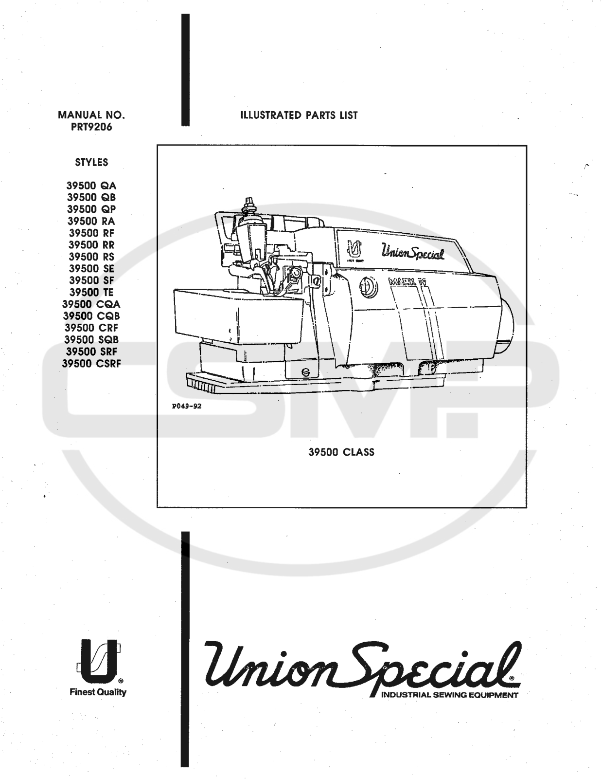 Union Special PRT9206 Parts Book