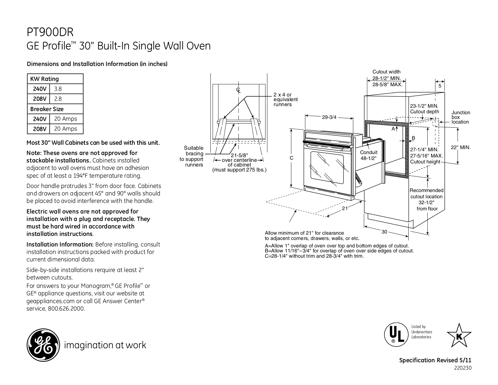 GE PT900DR Specification