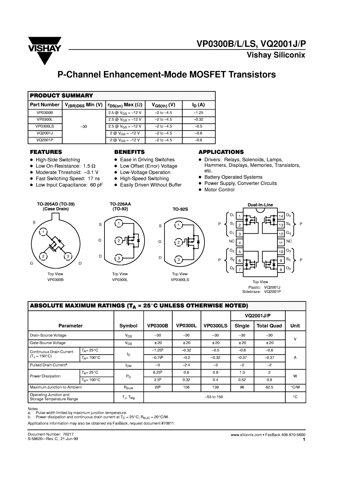 VISHAY VQ200J, VQ200P, VP0300LS, VP0300L, VP0300B Datasheet