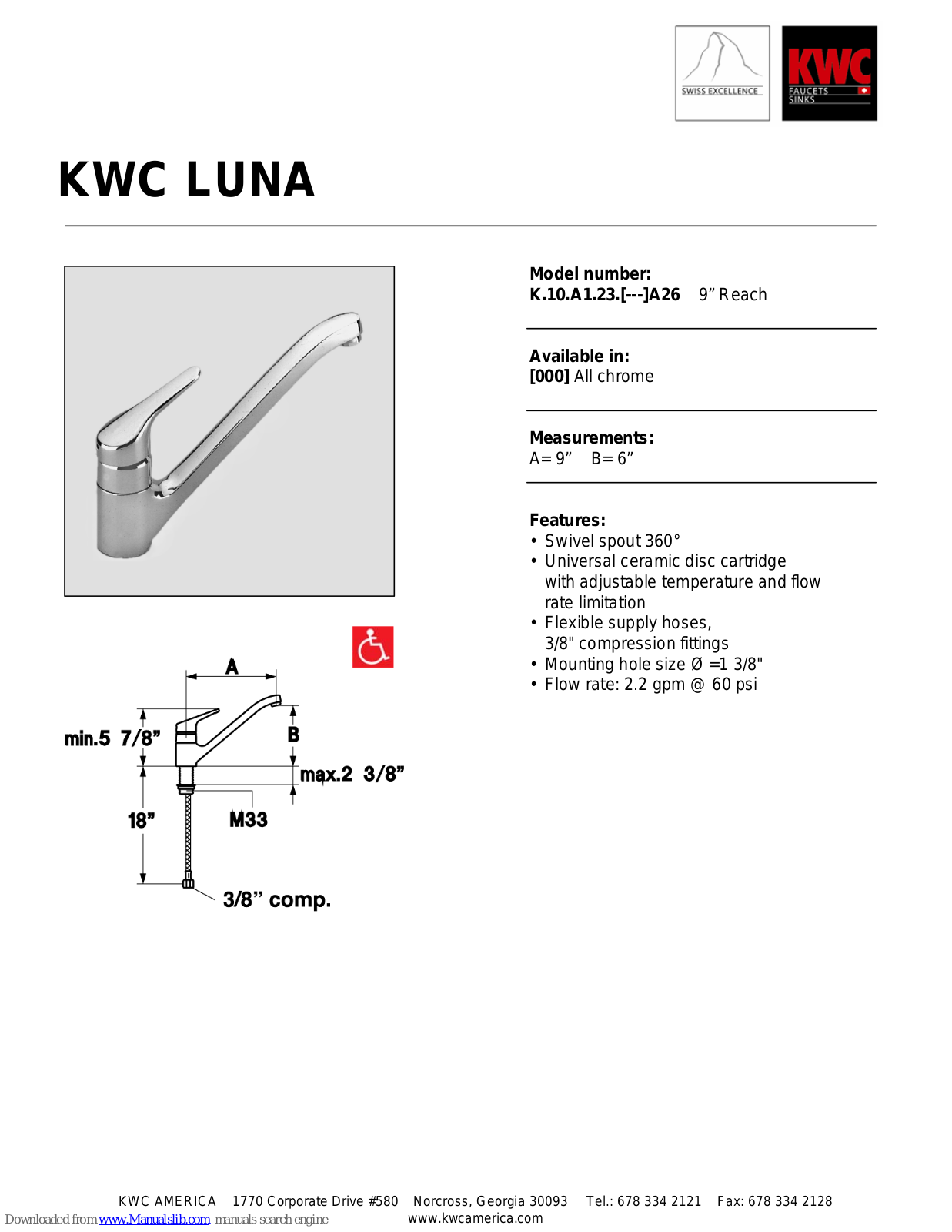 KWC LUNA K.10.A1.23, LUNA K.10.A1.23.000 A26 Specification Sheet