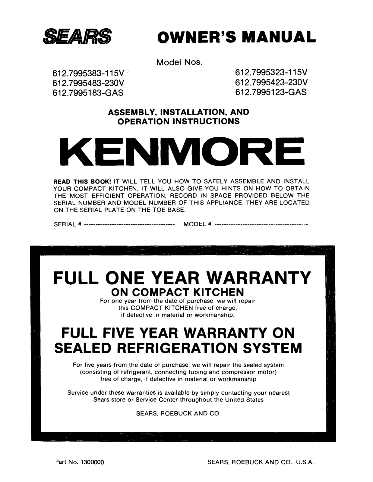 Kenmore 6127995483, 6127995423, 6127995383, 6127995323, 6127995183 Owner’s Manual