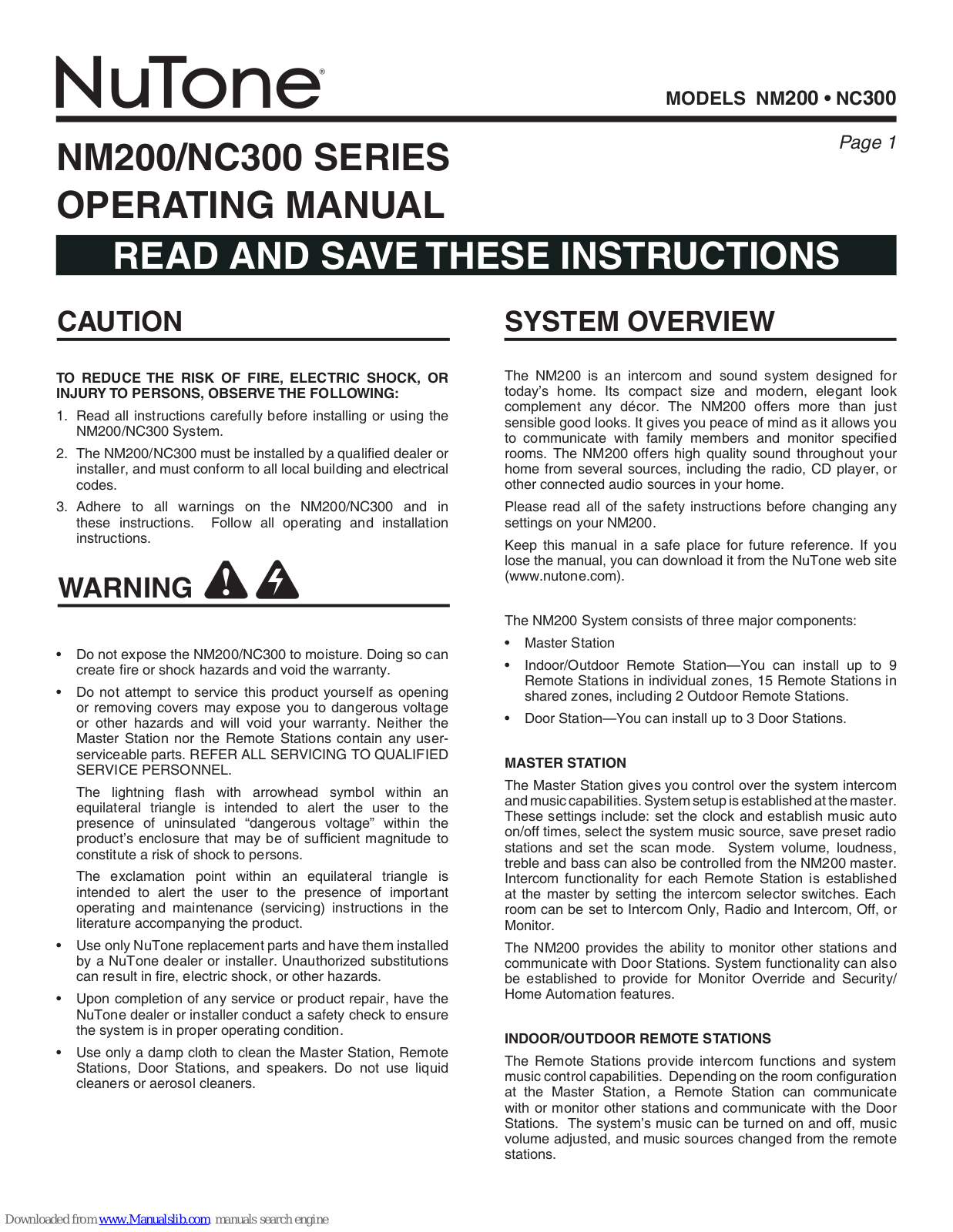 NuTone NM200 Operating Manual