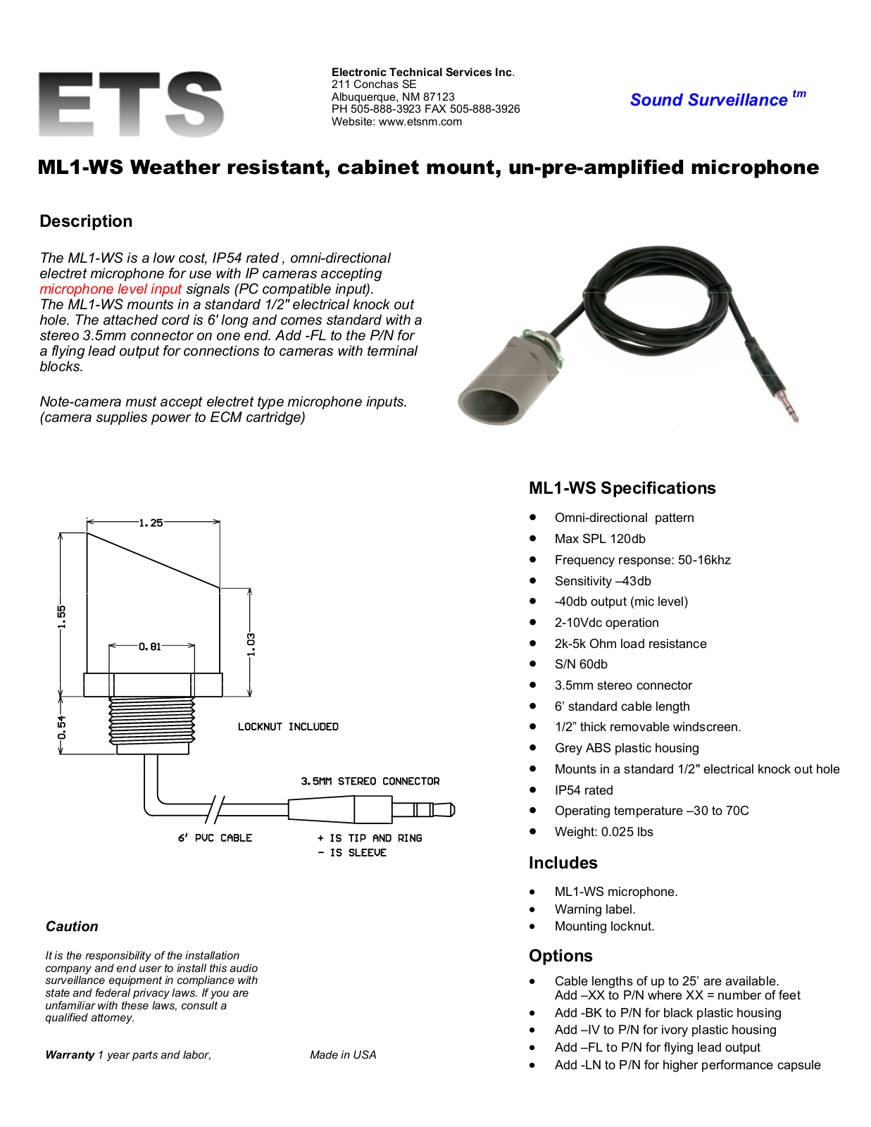 ETS ML1-WSF, ML1-WS Specsheet