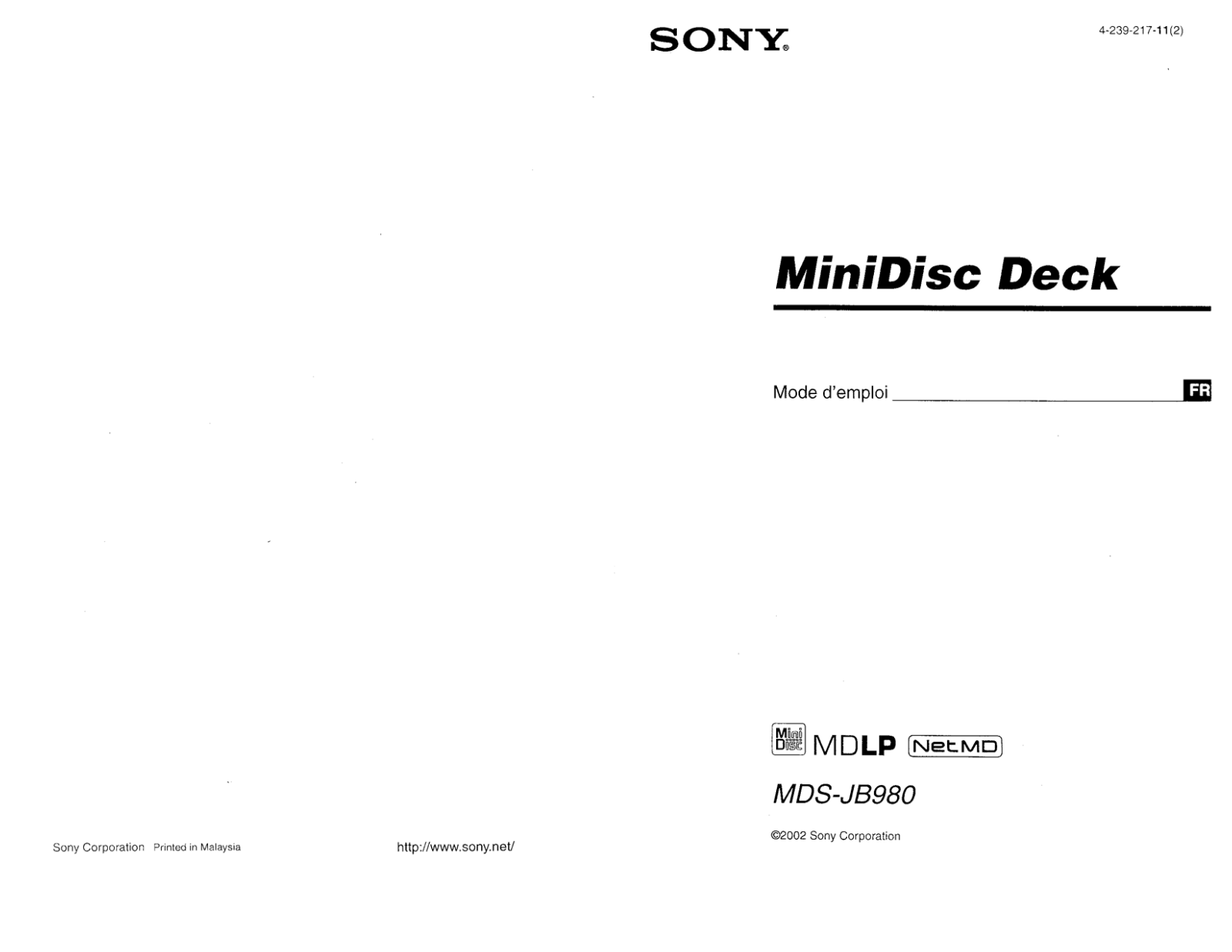 SONY MD-SJB980 User Manual