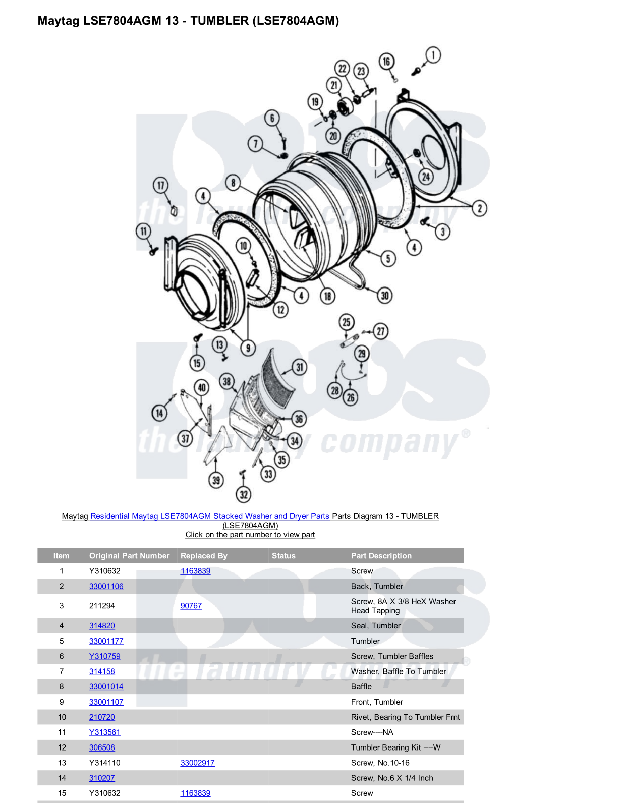 Maytag LSE7804AGM Stacked and Parts Diagram