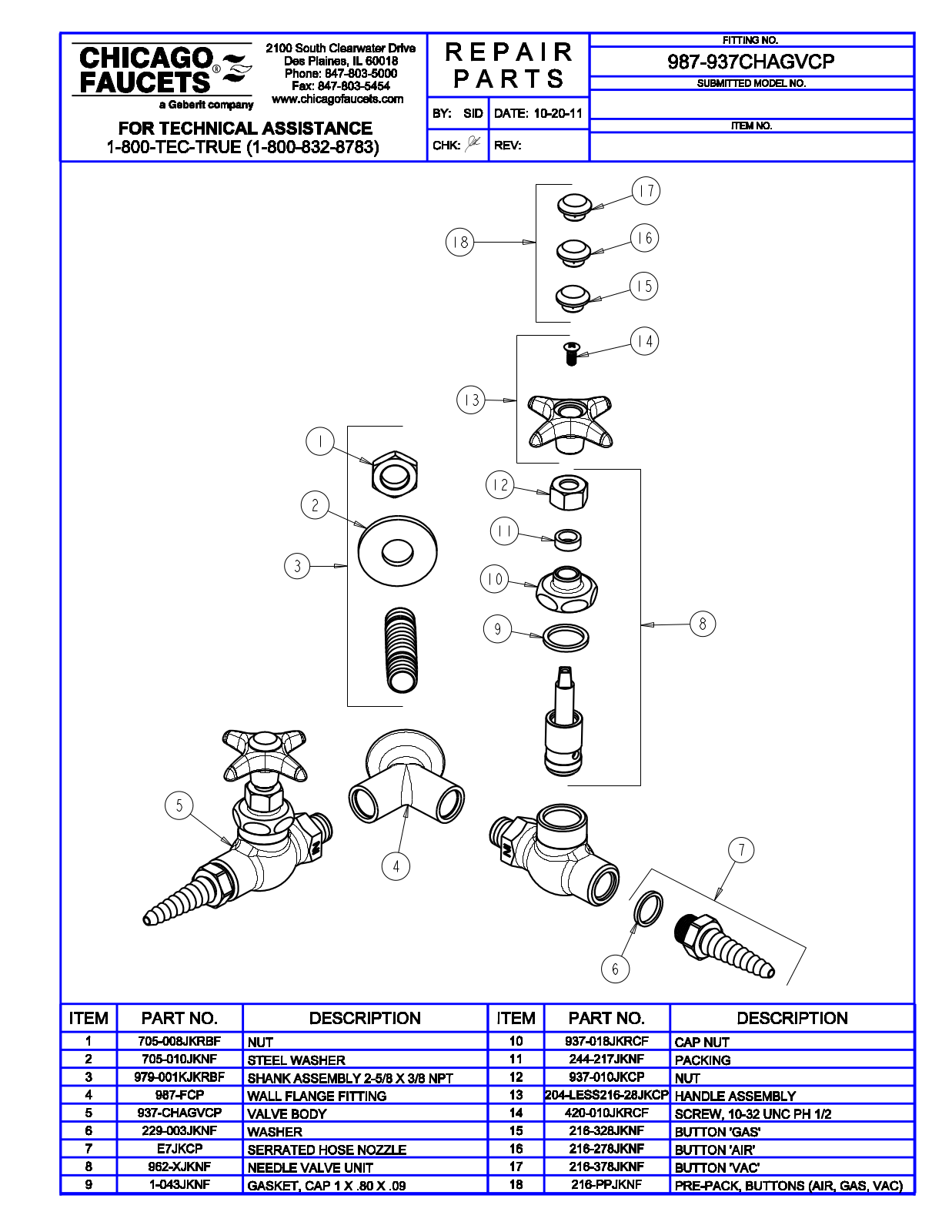 Chicago Faucet 987-937CHAGV Parts List