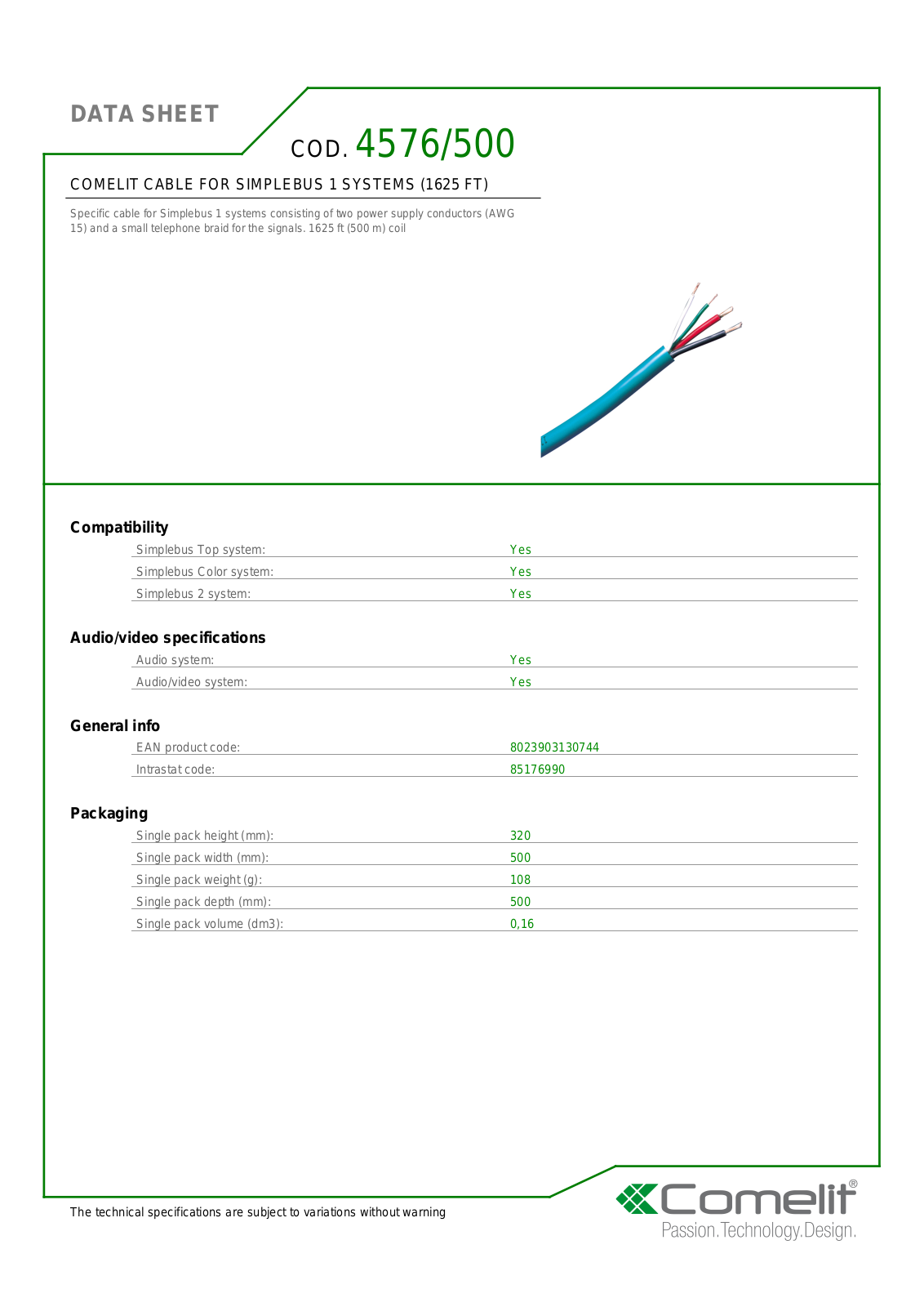 Comelit 4576-500 Specsheet