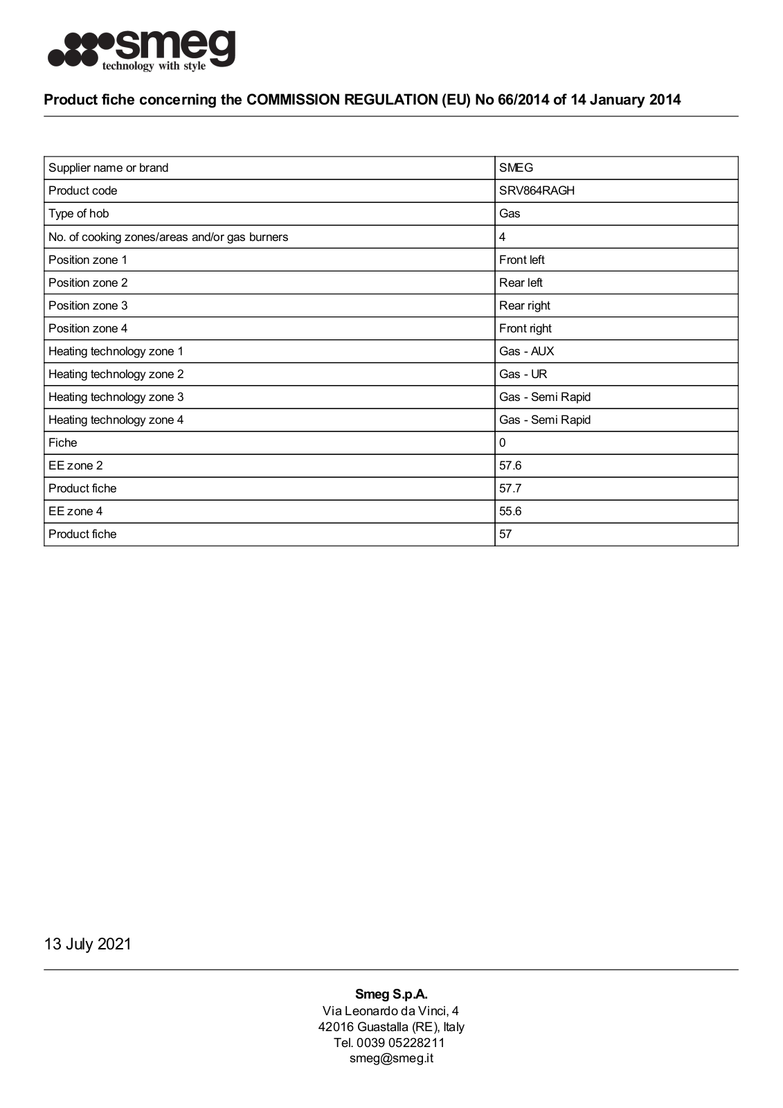 Smeg SRV864RAGH product information sheet