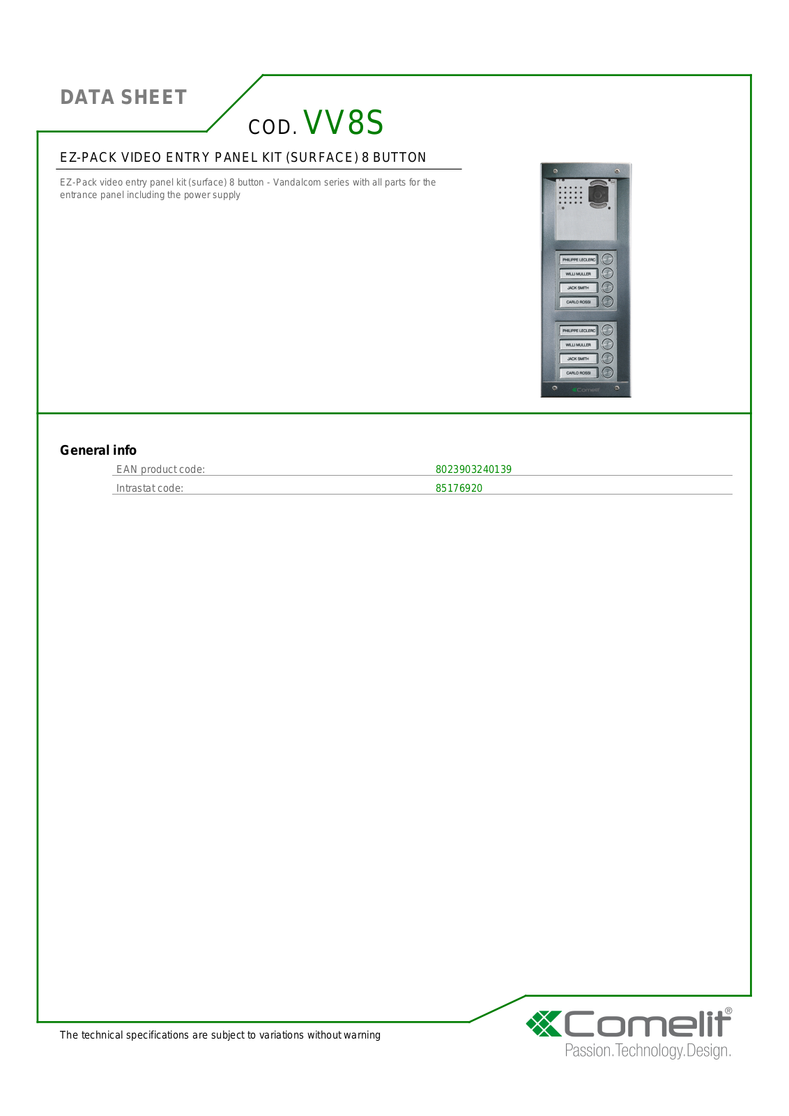 Comelit VV8S Specsheet