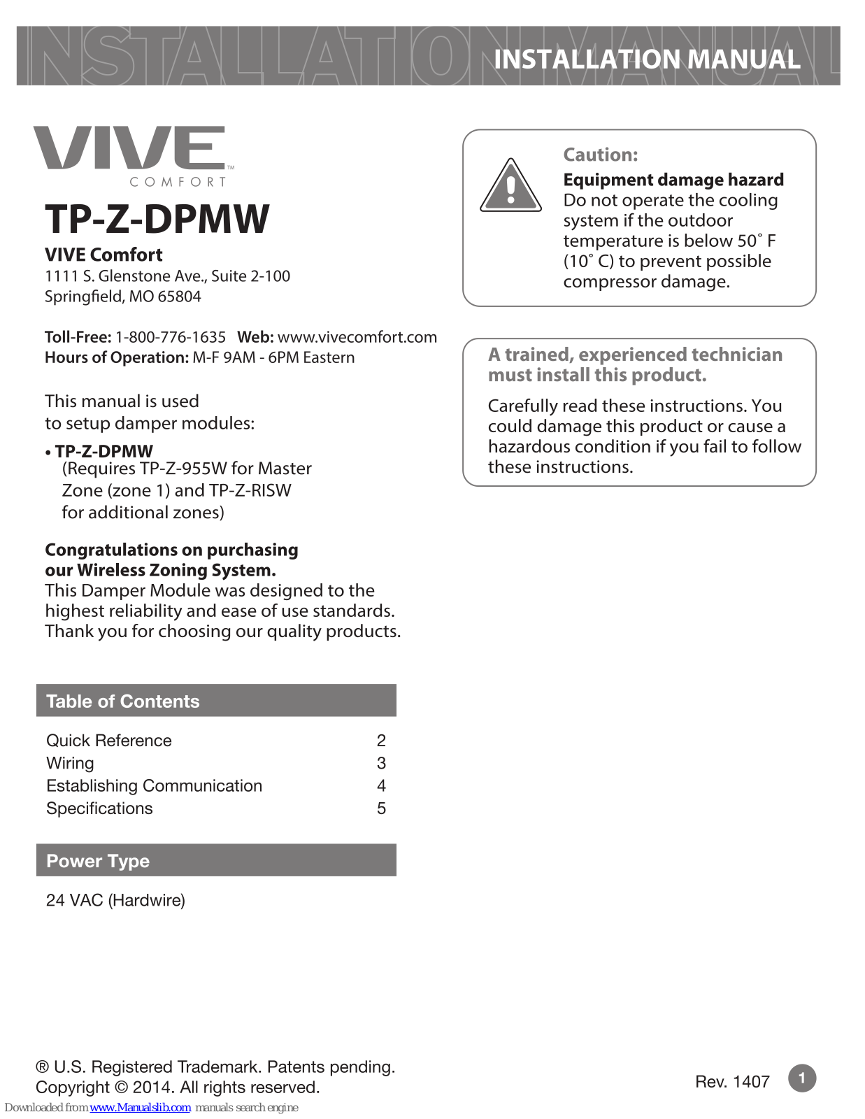 Vive TP-Z-DPMW Installation Manual - ManualMachine.com