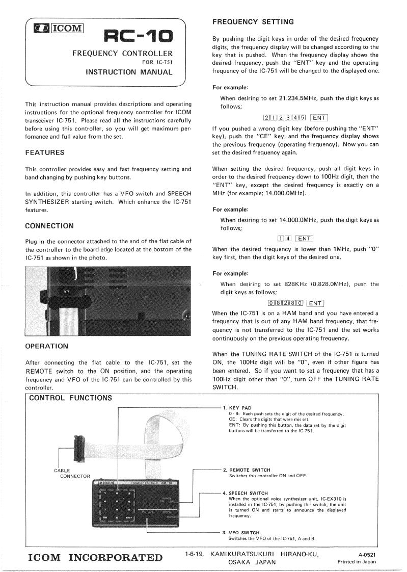 ICOM RC-10 User Manual