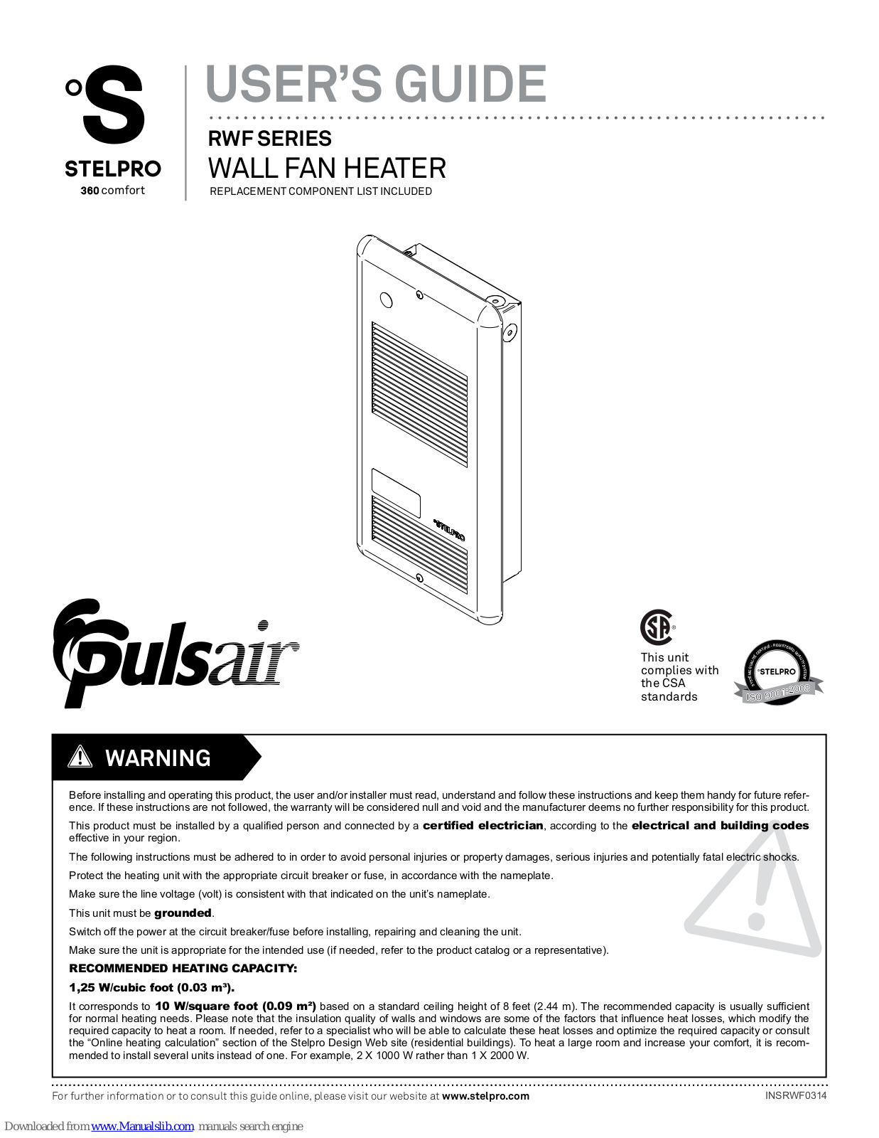 pulsair Stelpro 360 comfort, RWF series User Manual