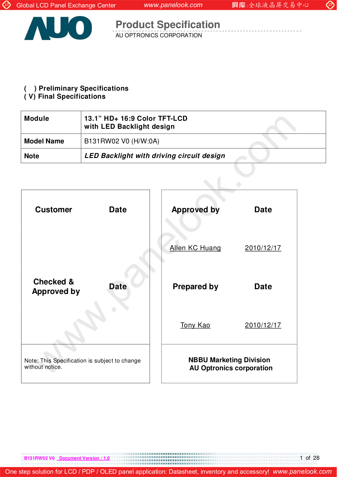 AUO B131RW02 V0 Specification