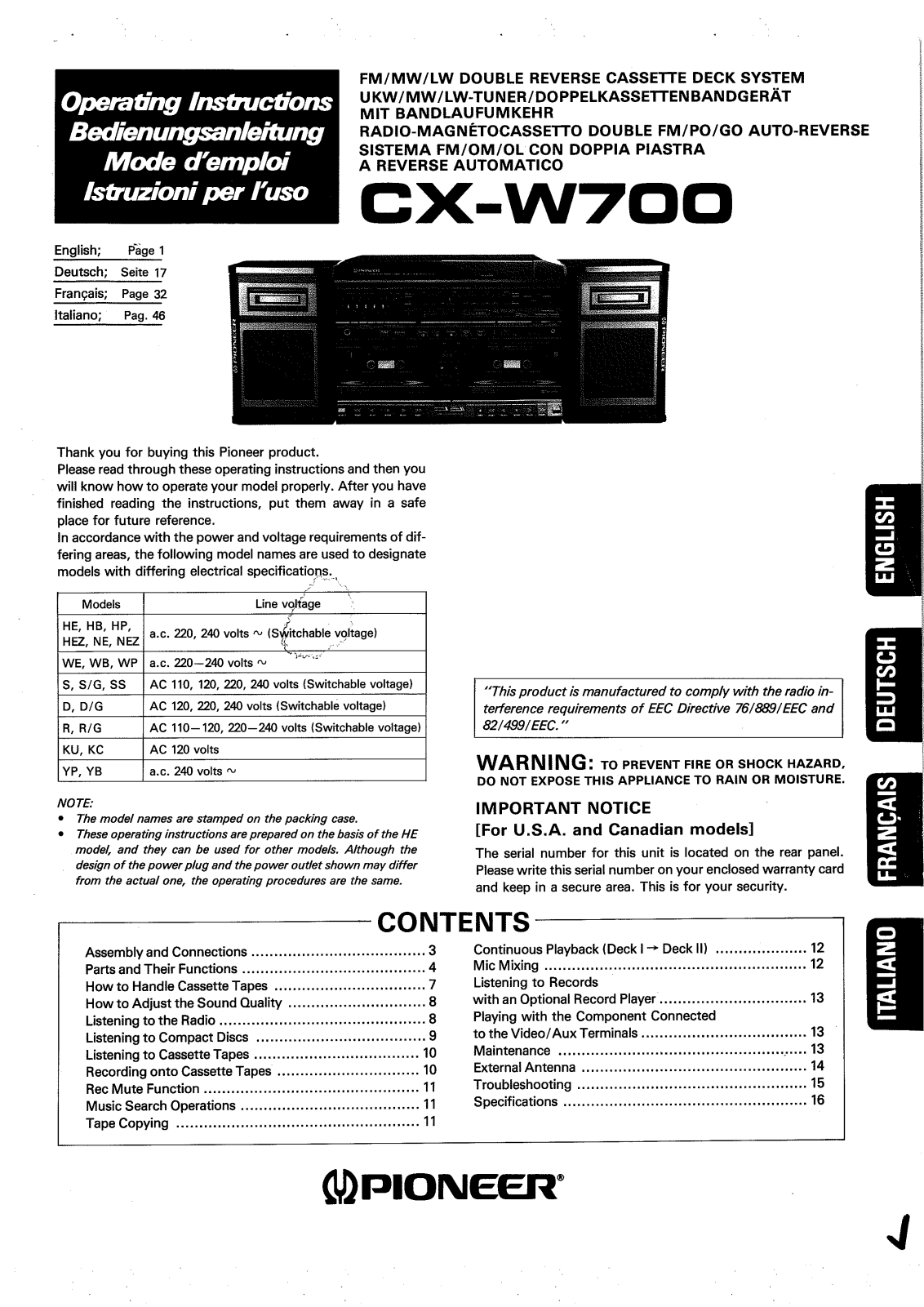 PIONEER CX-W700 User Manual