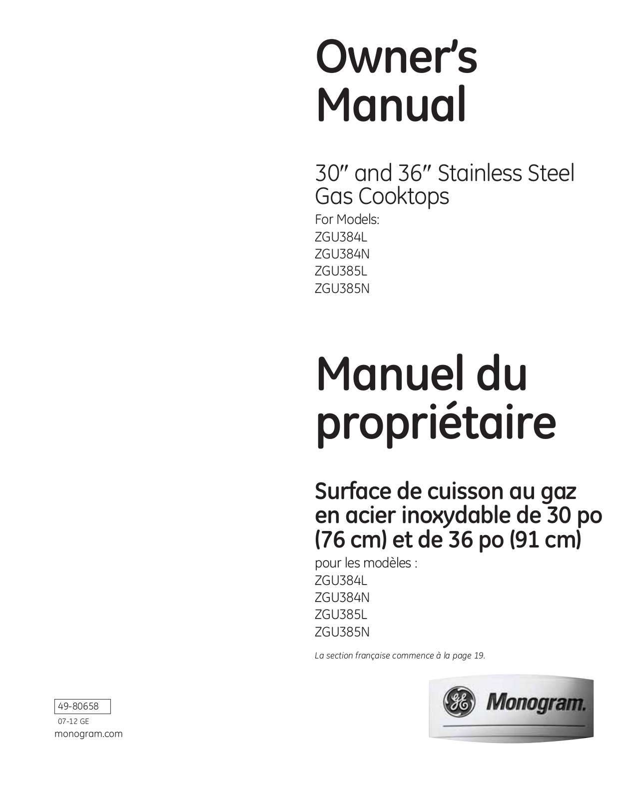 Monogram ZGU384NSMSS Owners Manual