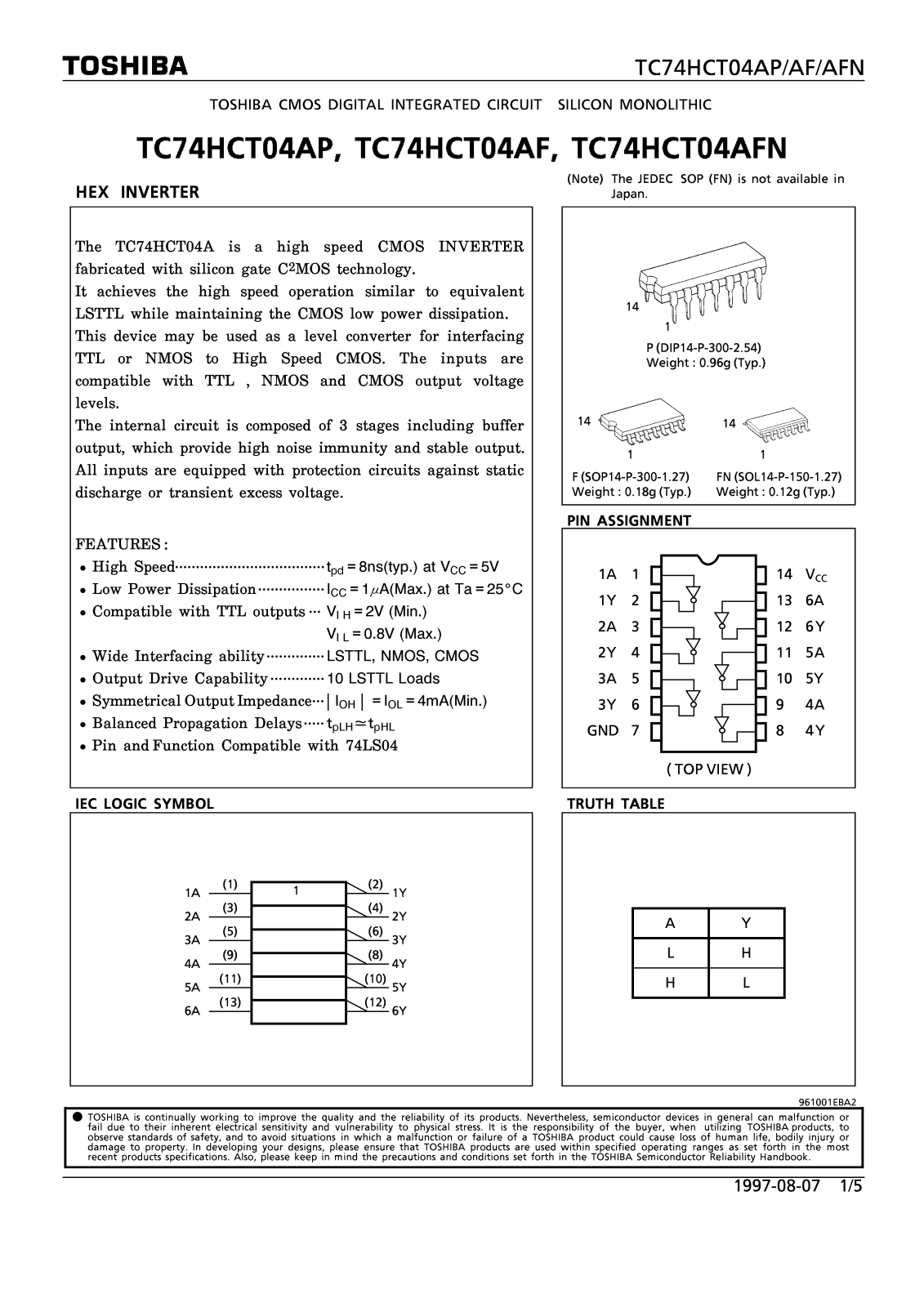 Toshiba TC74HCT04AFN Datasheet