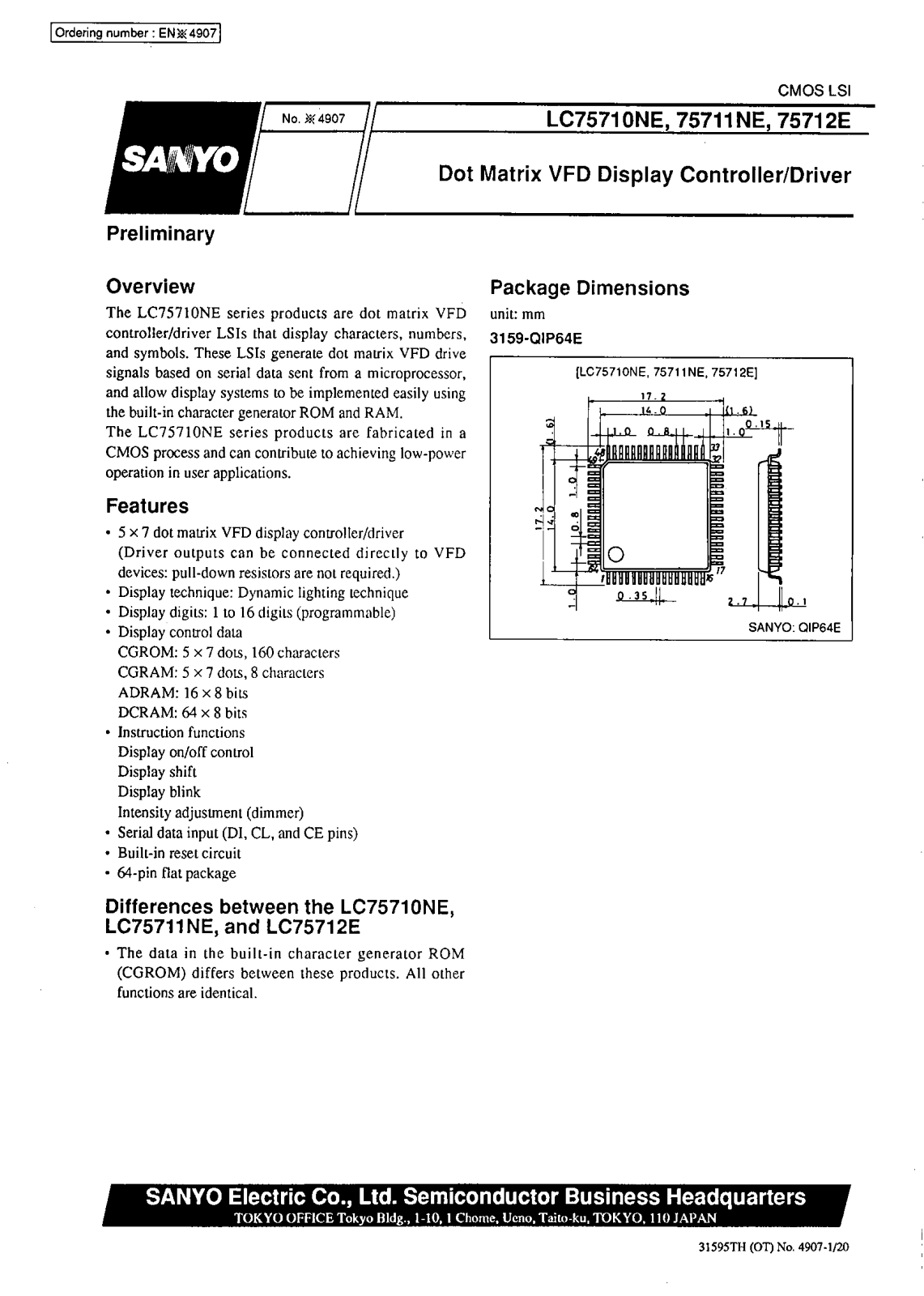 SANYO LC75712E, LC75710NE Datasheet