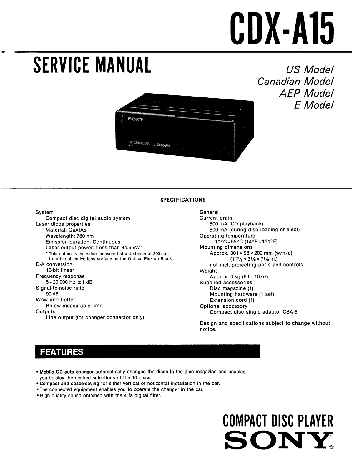 Sony CDXA-15 Service manual