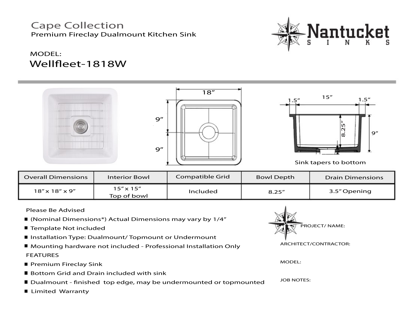 Nantucket WELLFLEET1818W Specifications