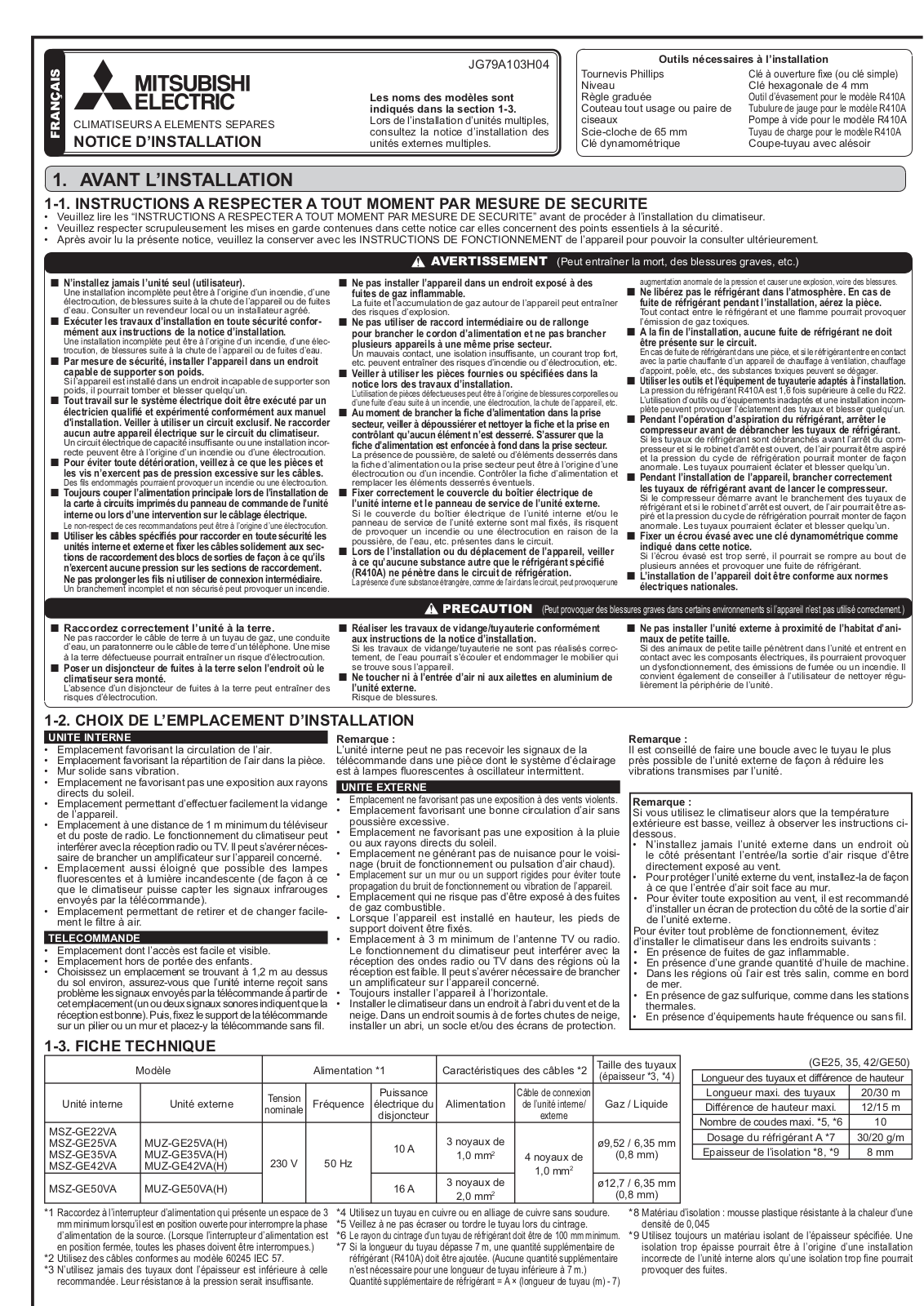 Mitsubishi JG79A103H04 INSTALLATION MANUAL