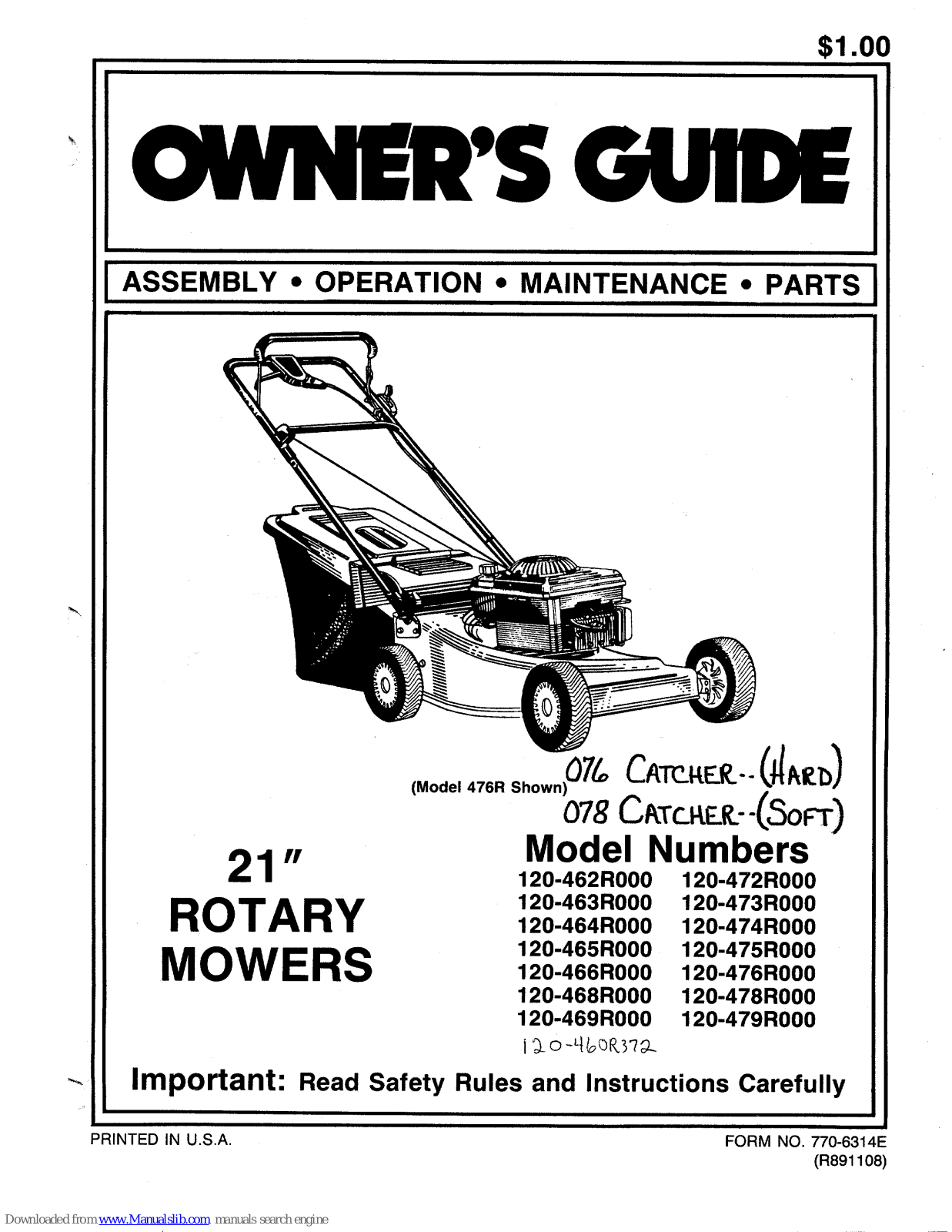 MTD 120-469R000, 120-466R000, 120-472R000, 120-473R000, 120-474R000 Owner's Manual