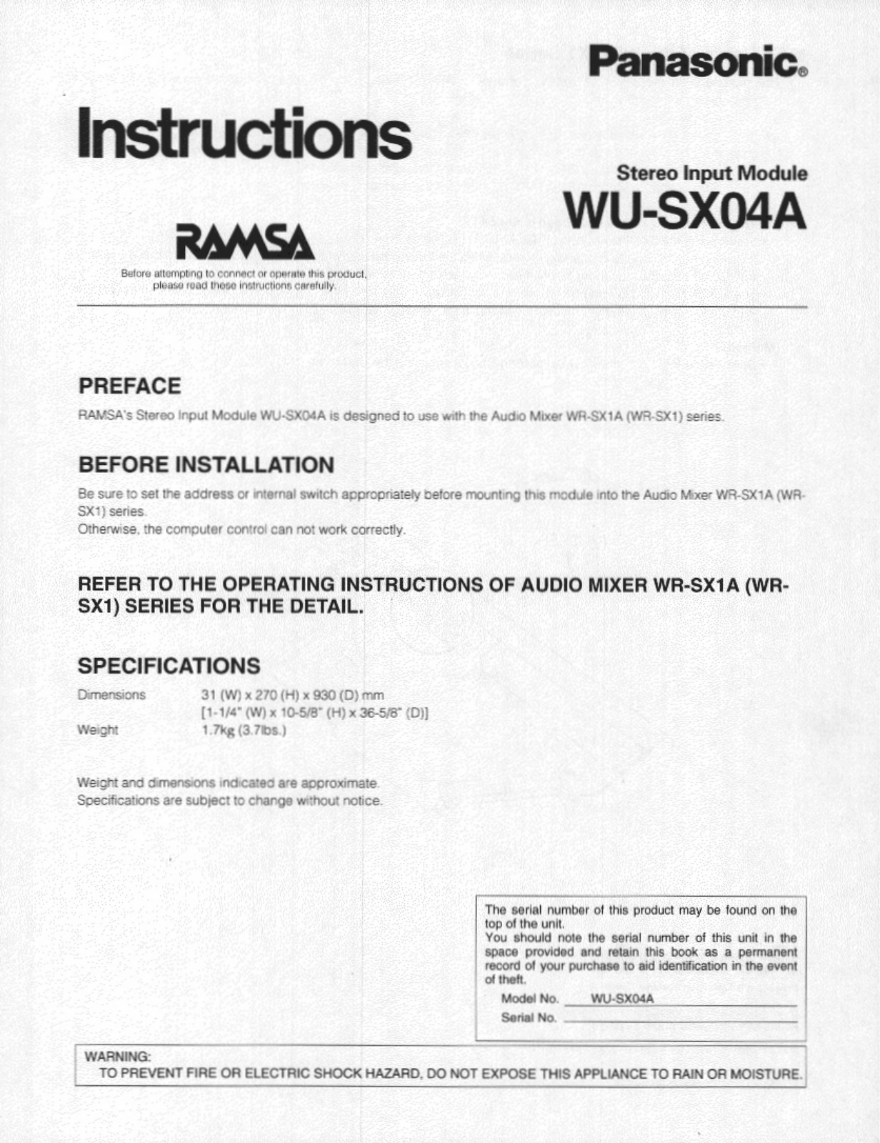 Panasonic wusx04a Operation Manual