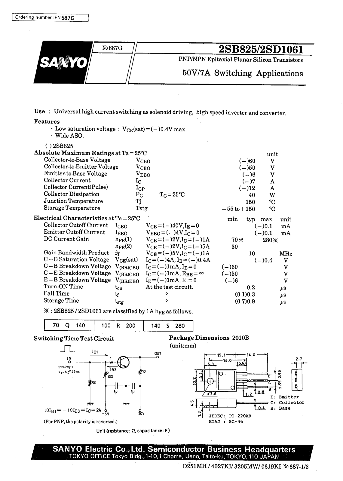 SANYO 2SD1061, 2SB825 Datasheet