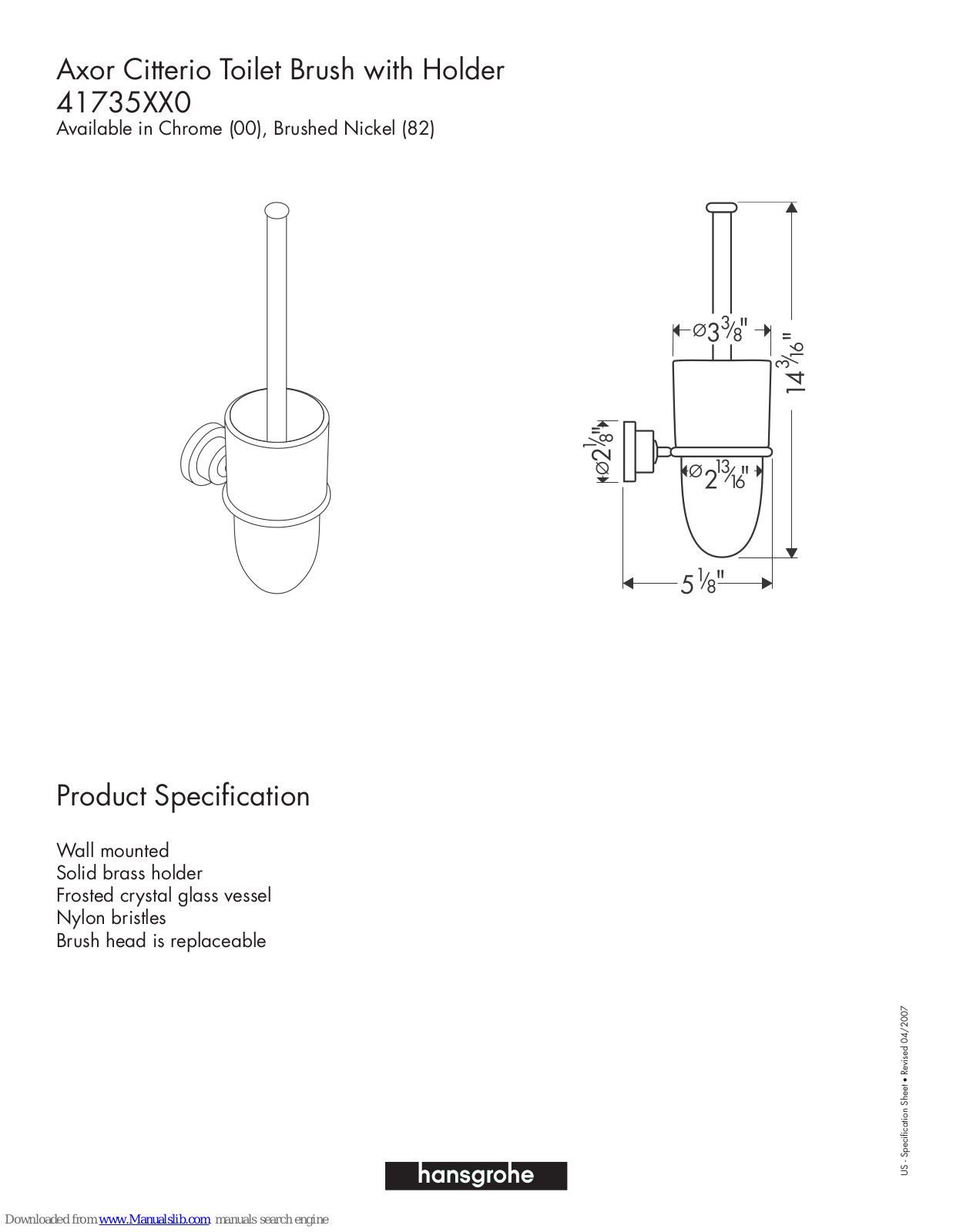 Grohe 41735XX0, Axor Citterio 41735000, Axor Citterio 41735820 Specification Sheet - ManualMachine.com